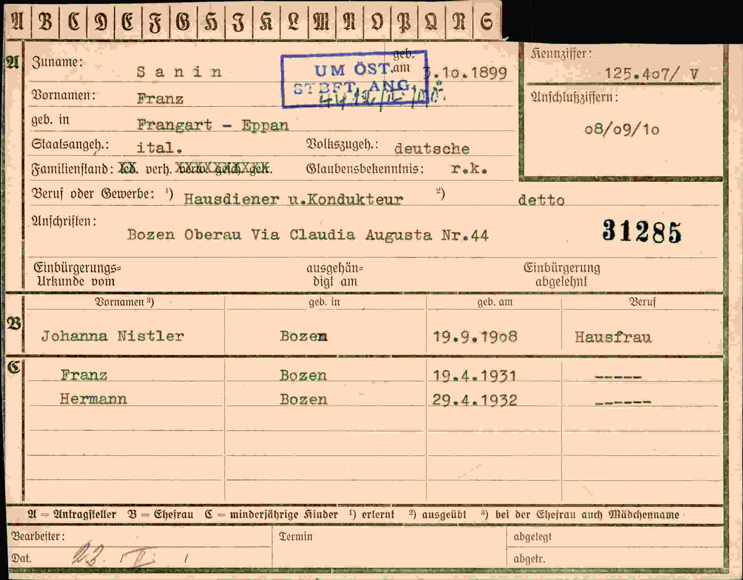 Dokument für Franz Sanin