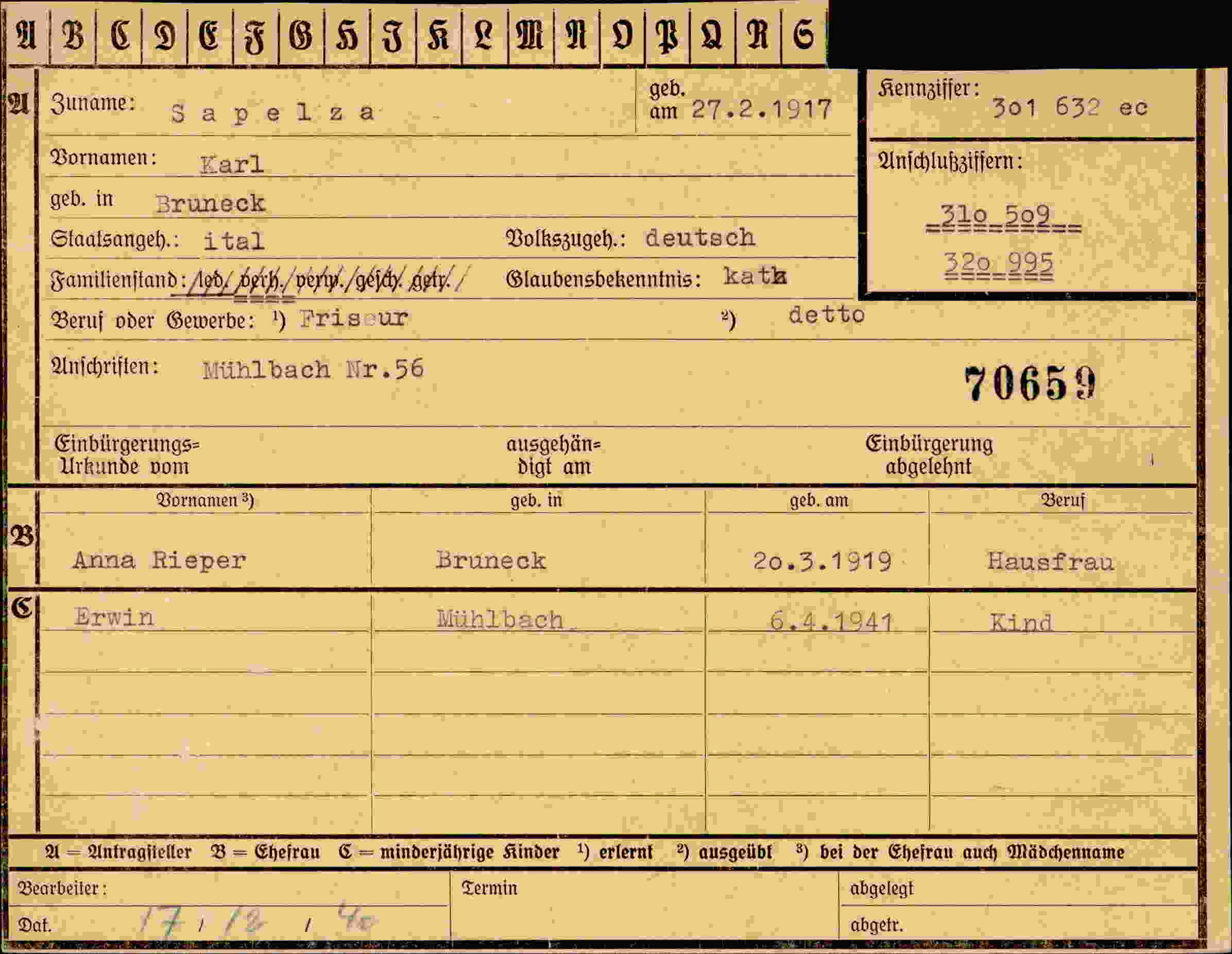 Dokument für Karl Sapelza