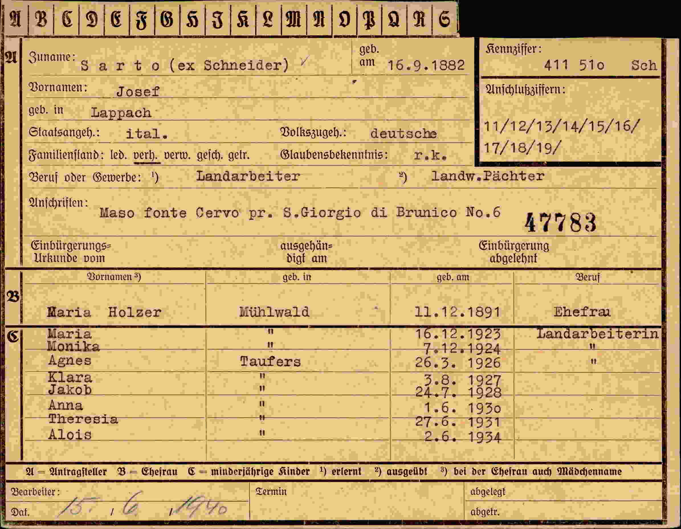 Dokument für Josef Sarto
