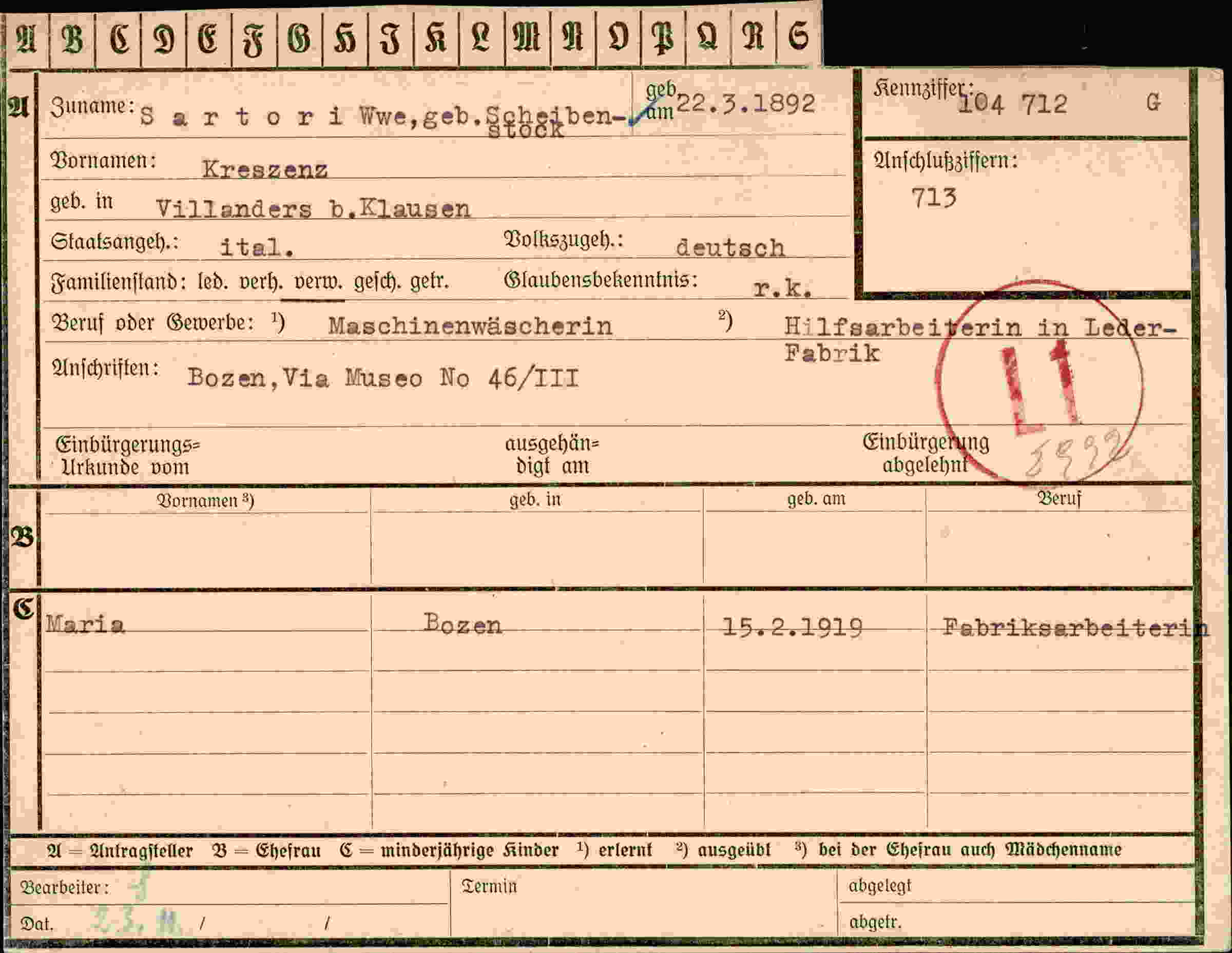 Dokument für Kreszenz Sartori