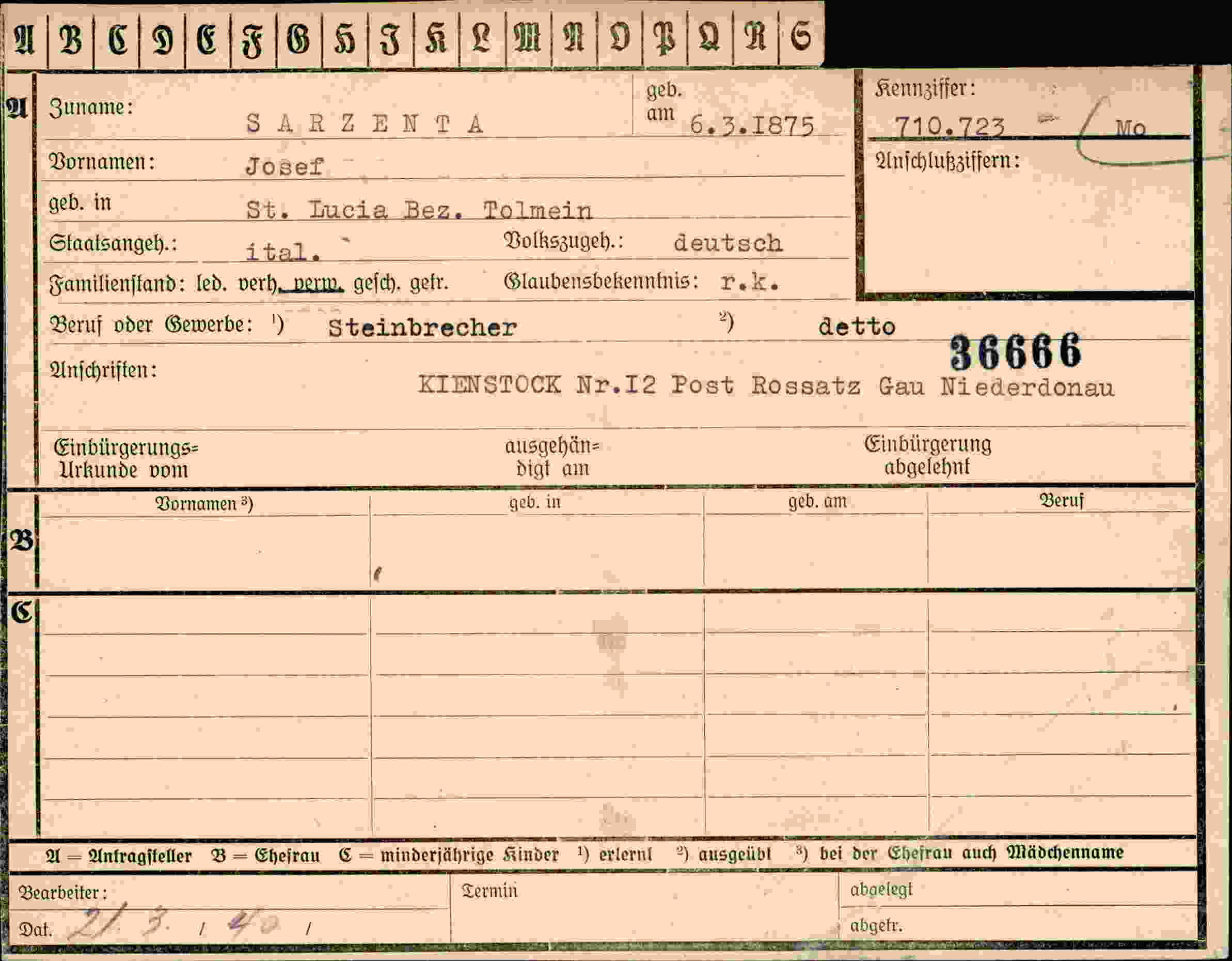 Dokument für Josef Sarzenta