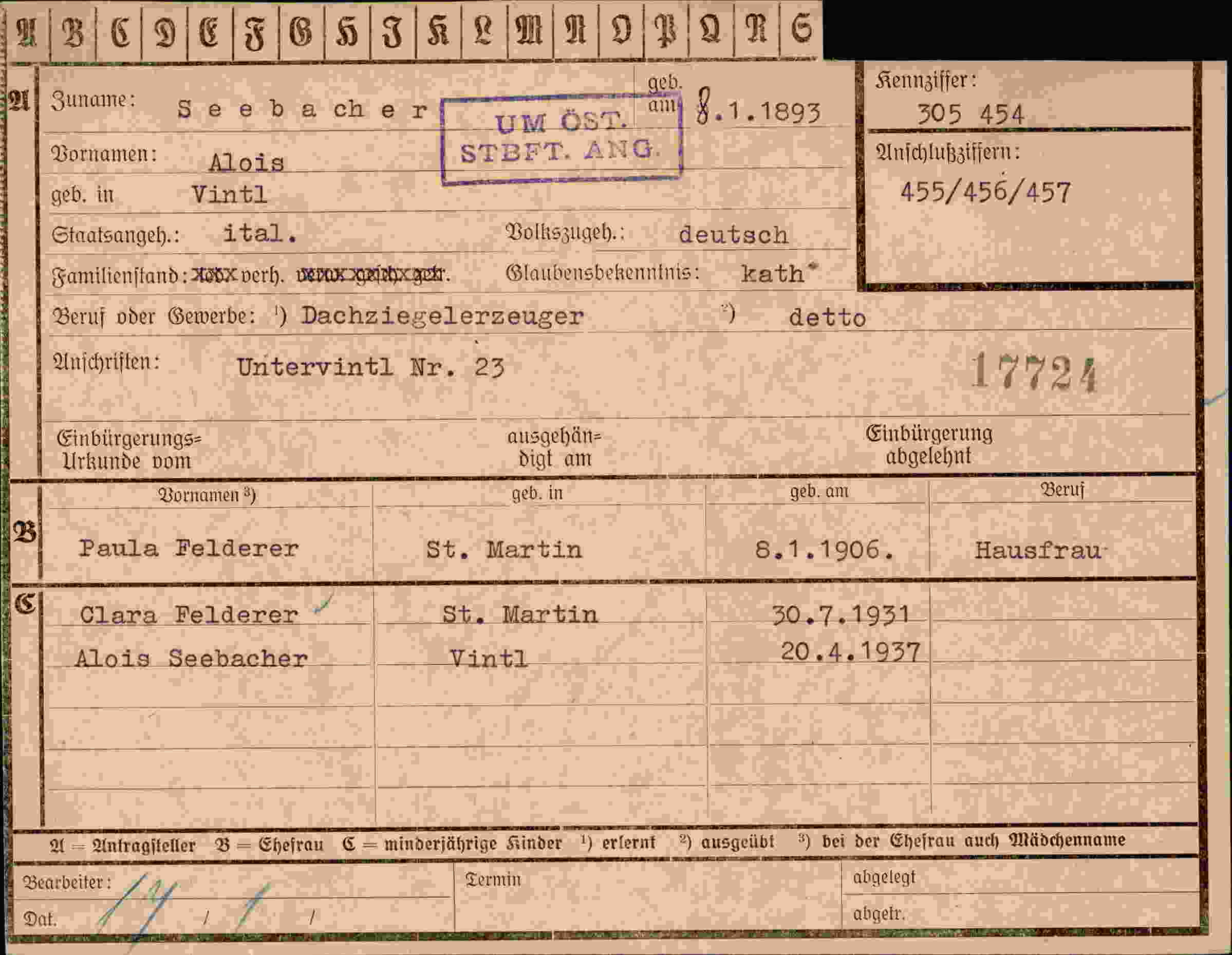 Dokument für Alois Seebacher