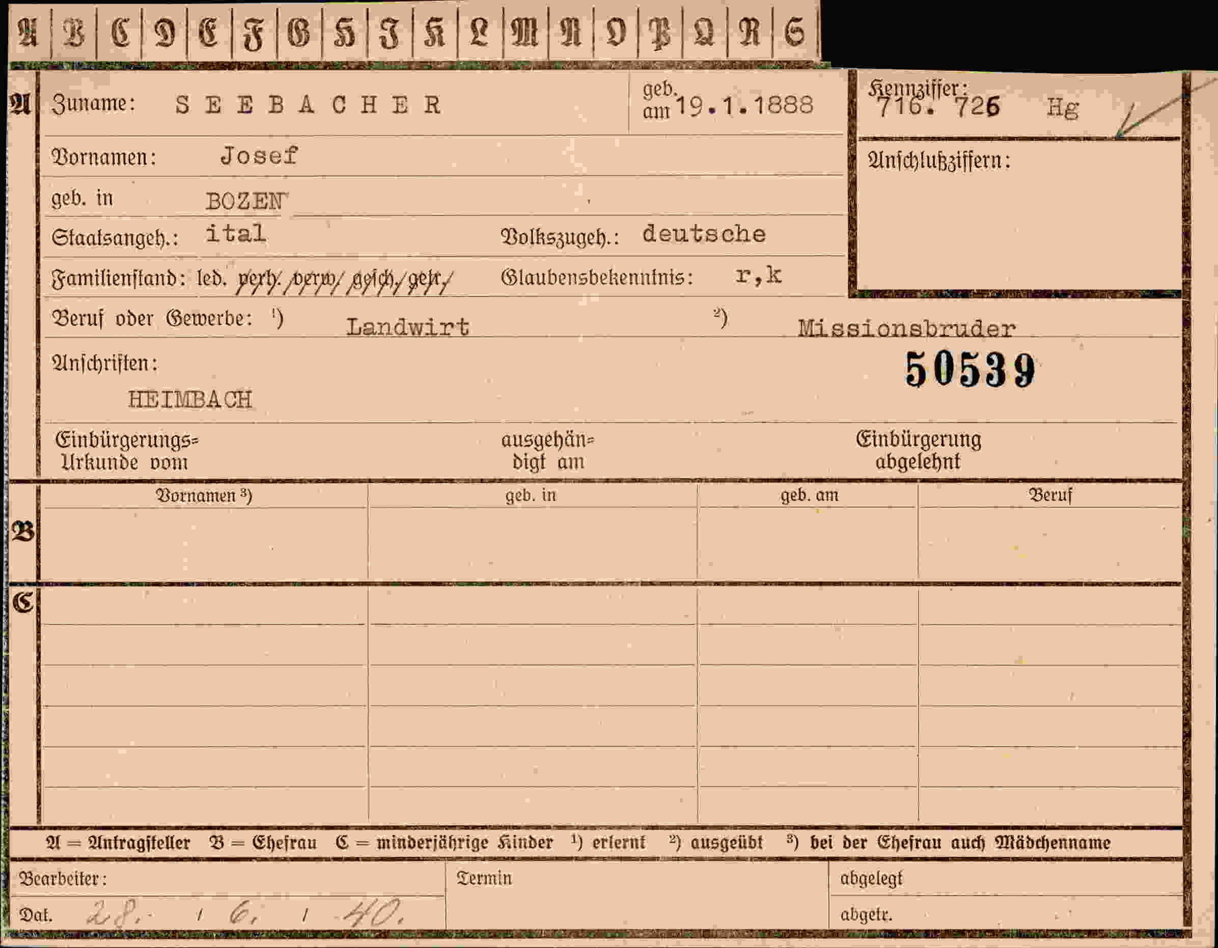 Dokument für Josef Seebacher