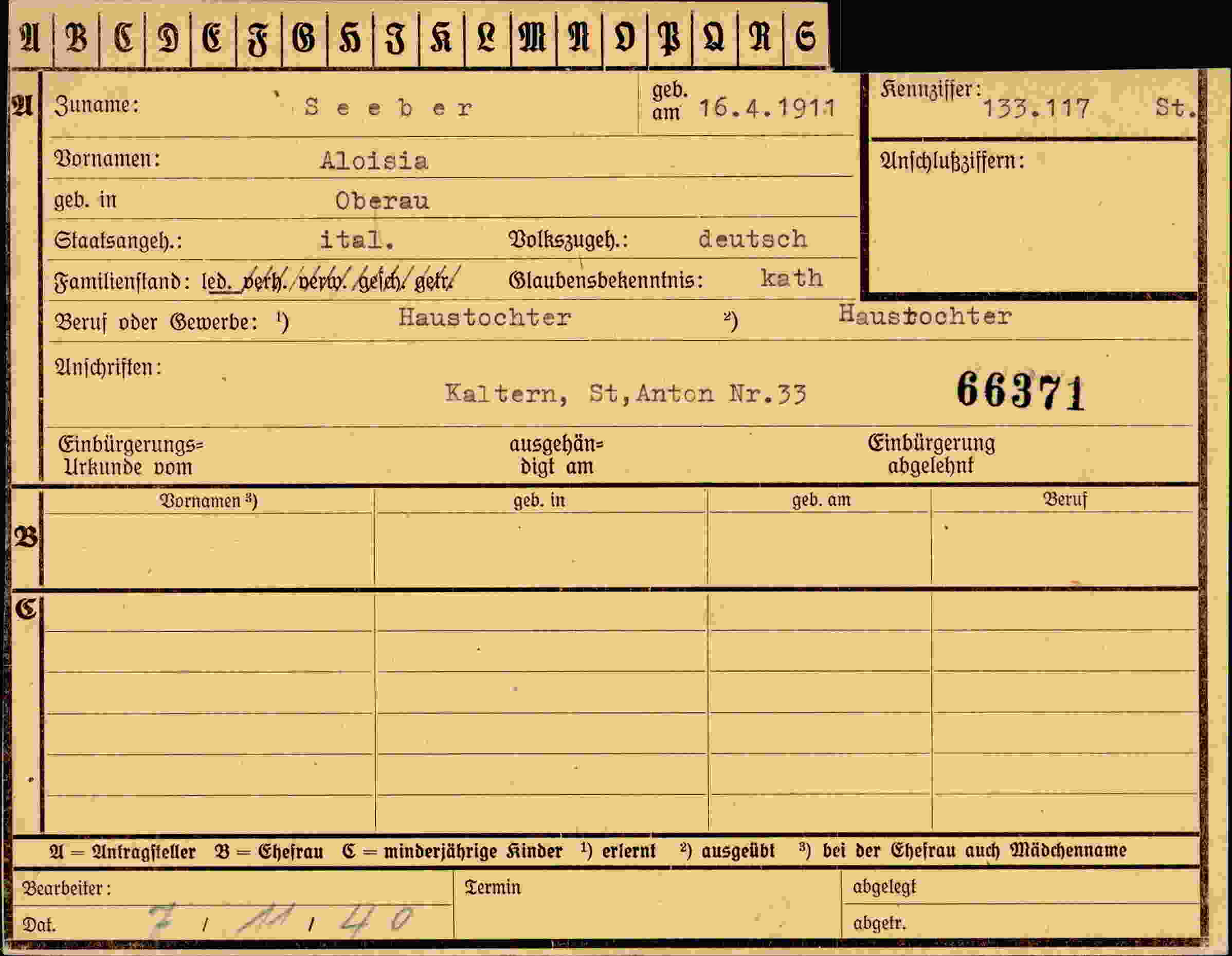 Dokument für Aloisia Seeber