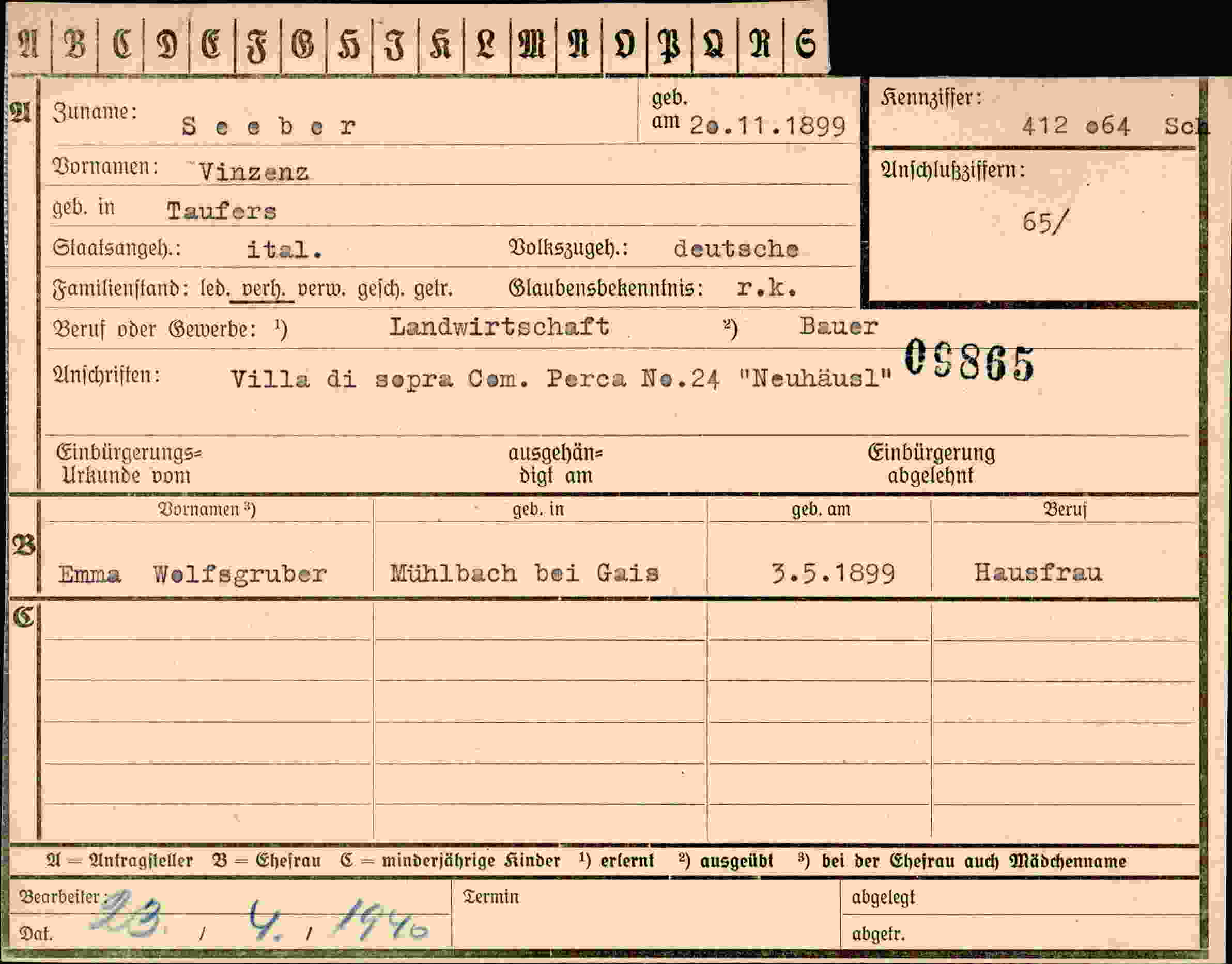 Dokument für Vinzenz Seeber