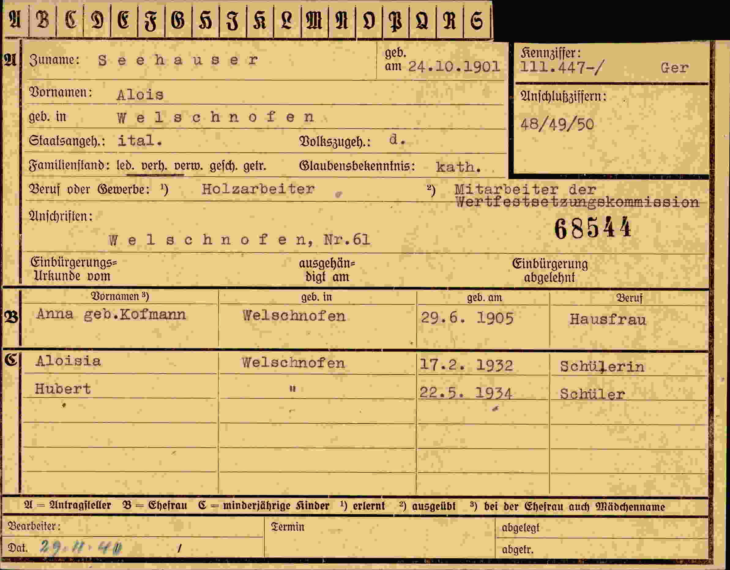 Dokument für Alois Seehauser