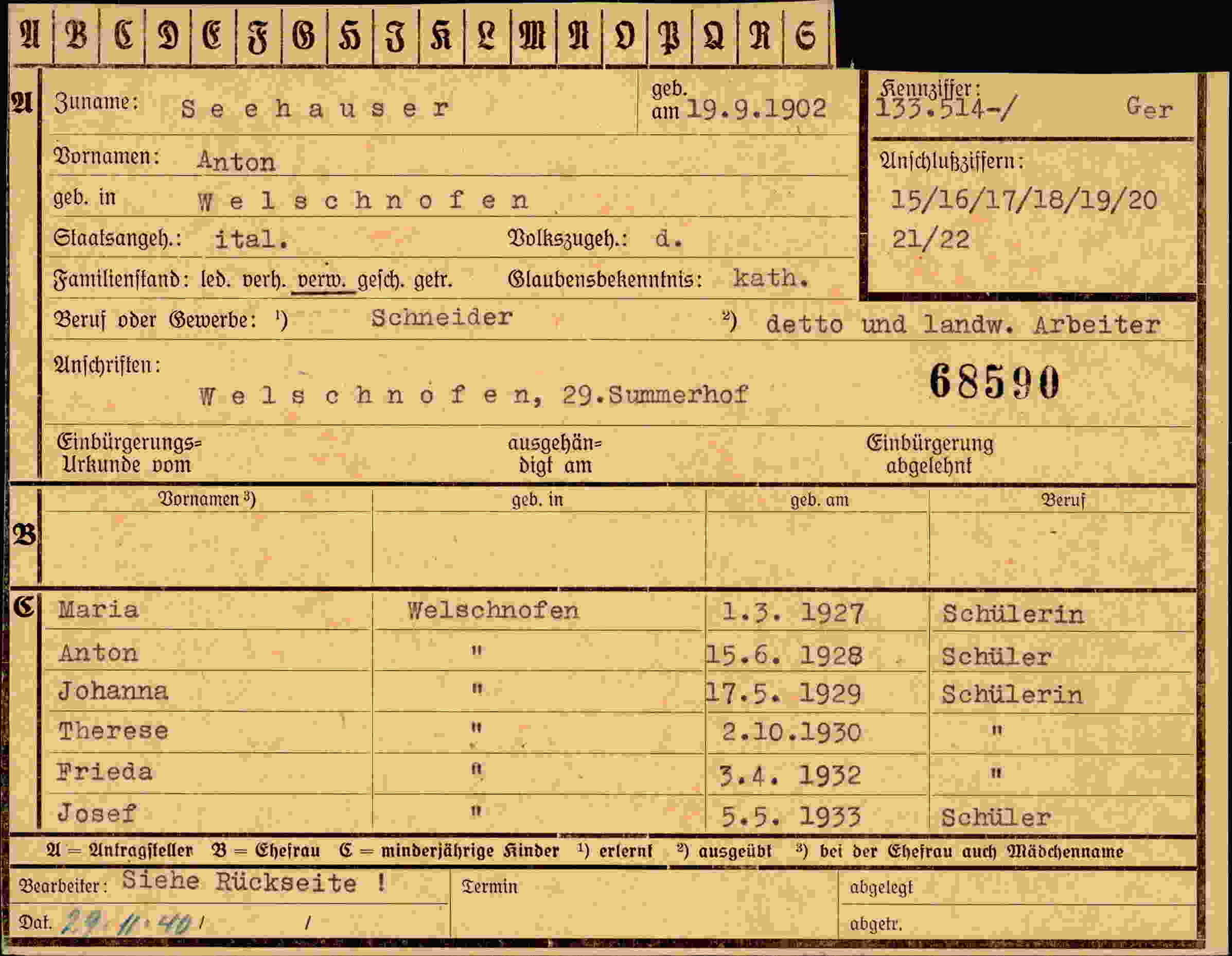 Dokument für Anton Seehauser