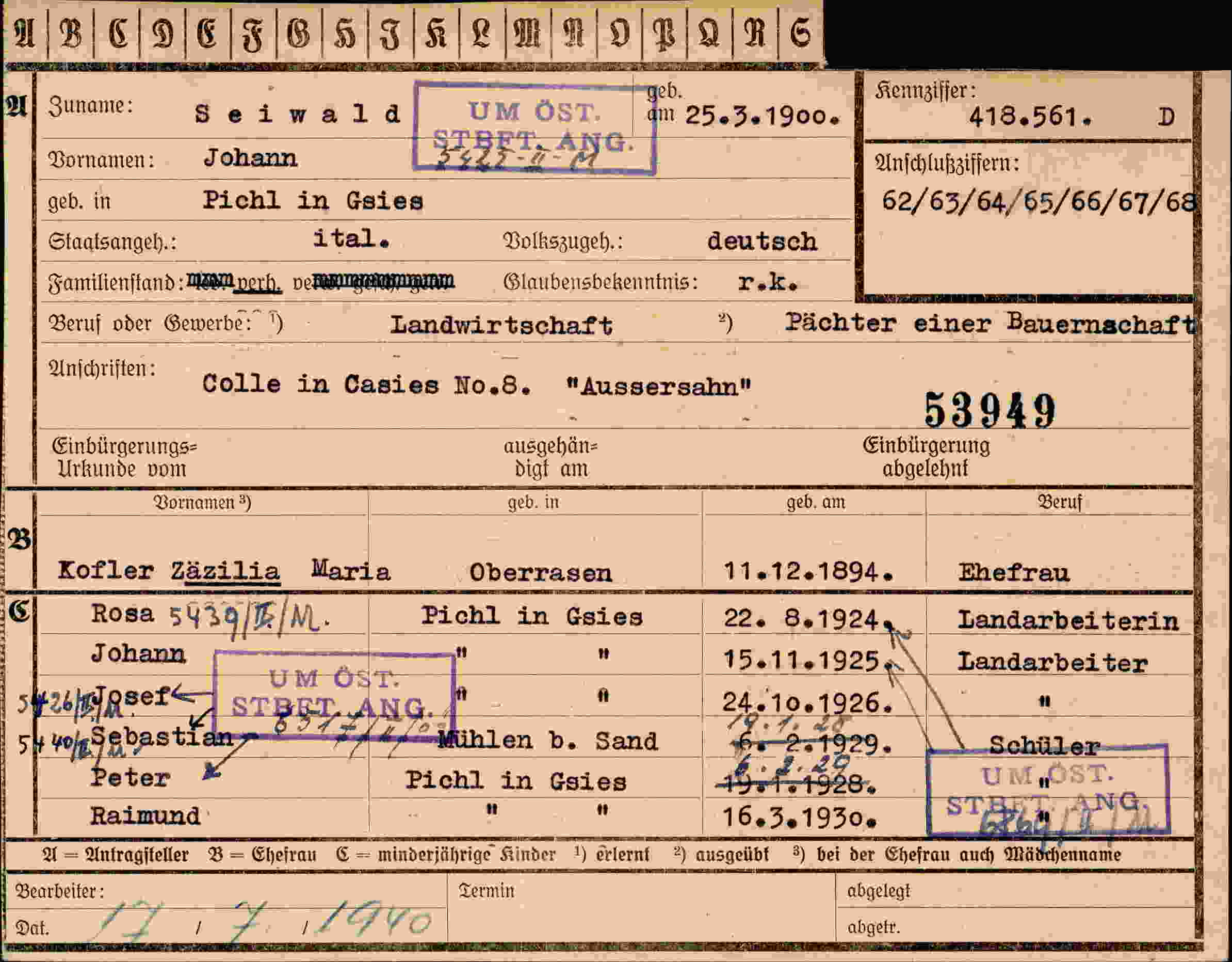 Dokument für Johann Seiwald