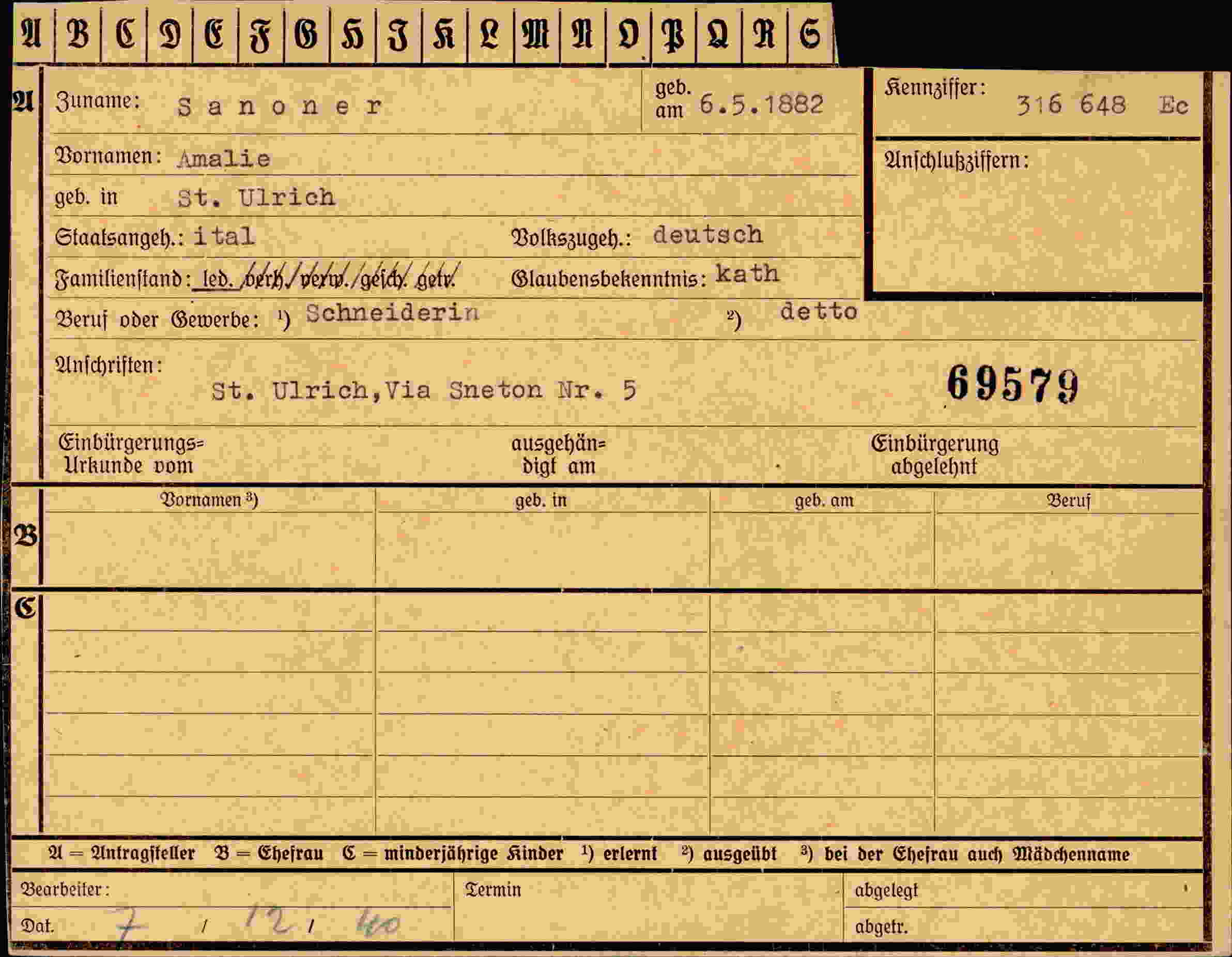 Dokument für Amalie Sanoner