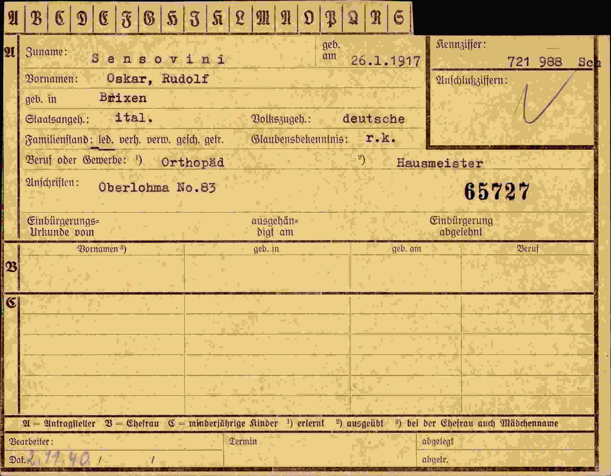 Dokument für Oskar Rudolf Sensovini