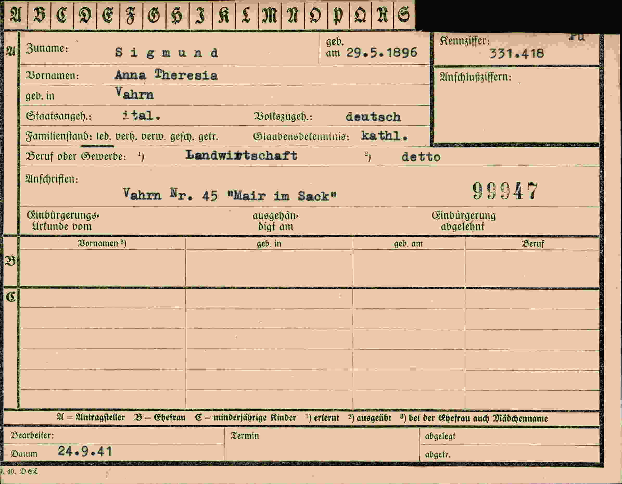 Vorderseite des Dokuments