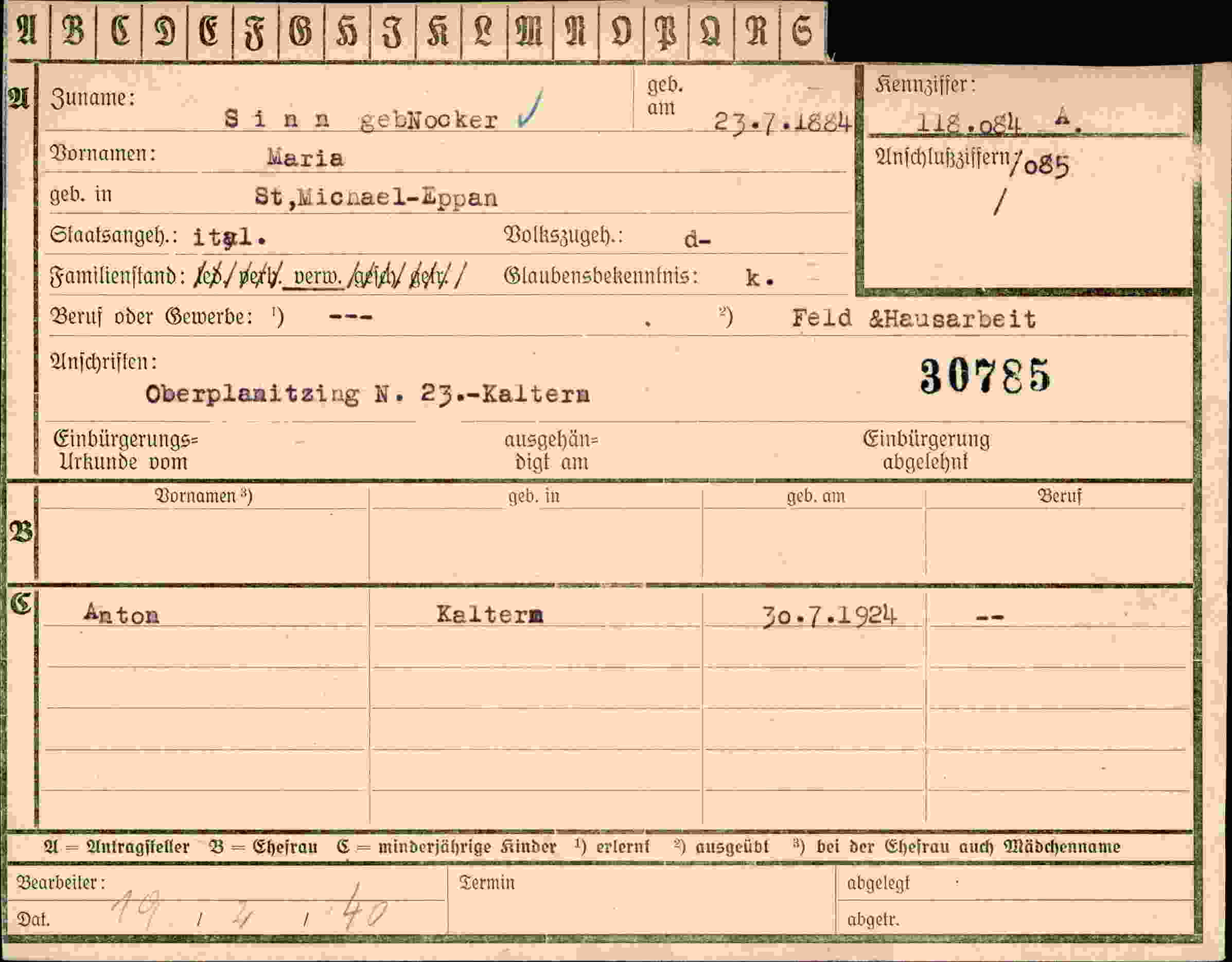 Dokument für Maria Sinn