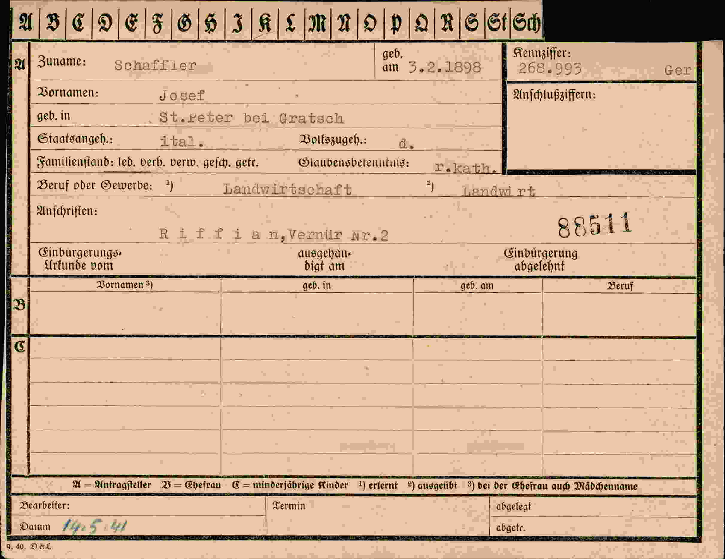 Dokument für Josef Schaffler