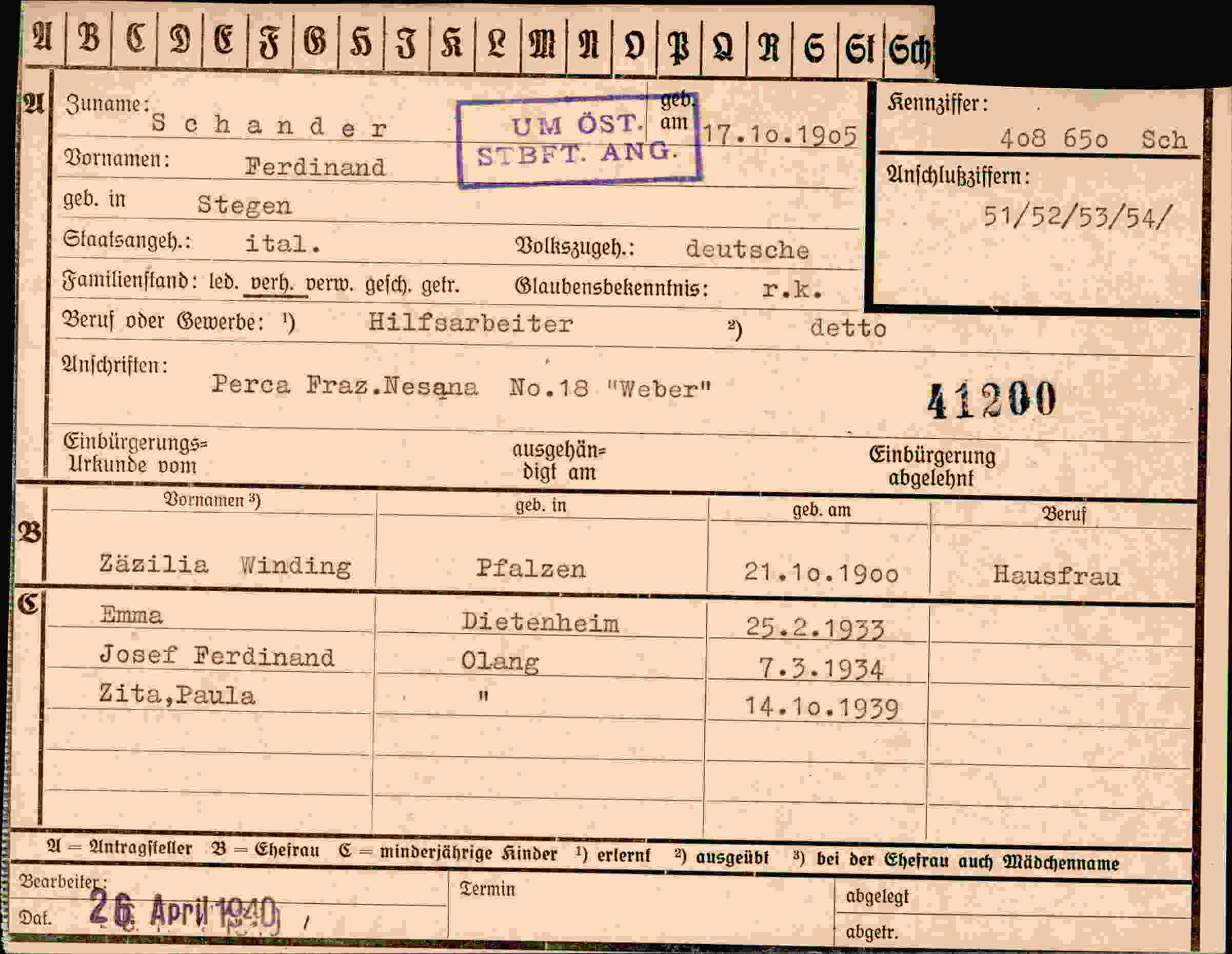 Dokument für Ferdinand Schander