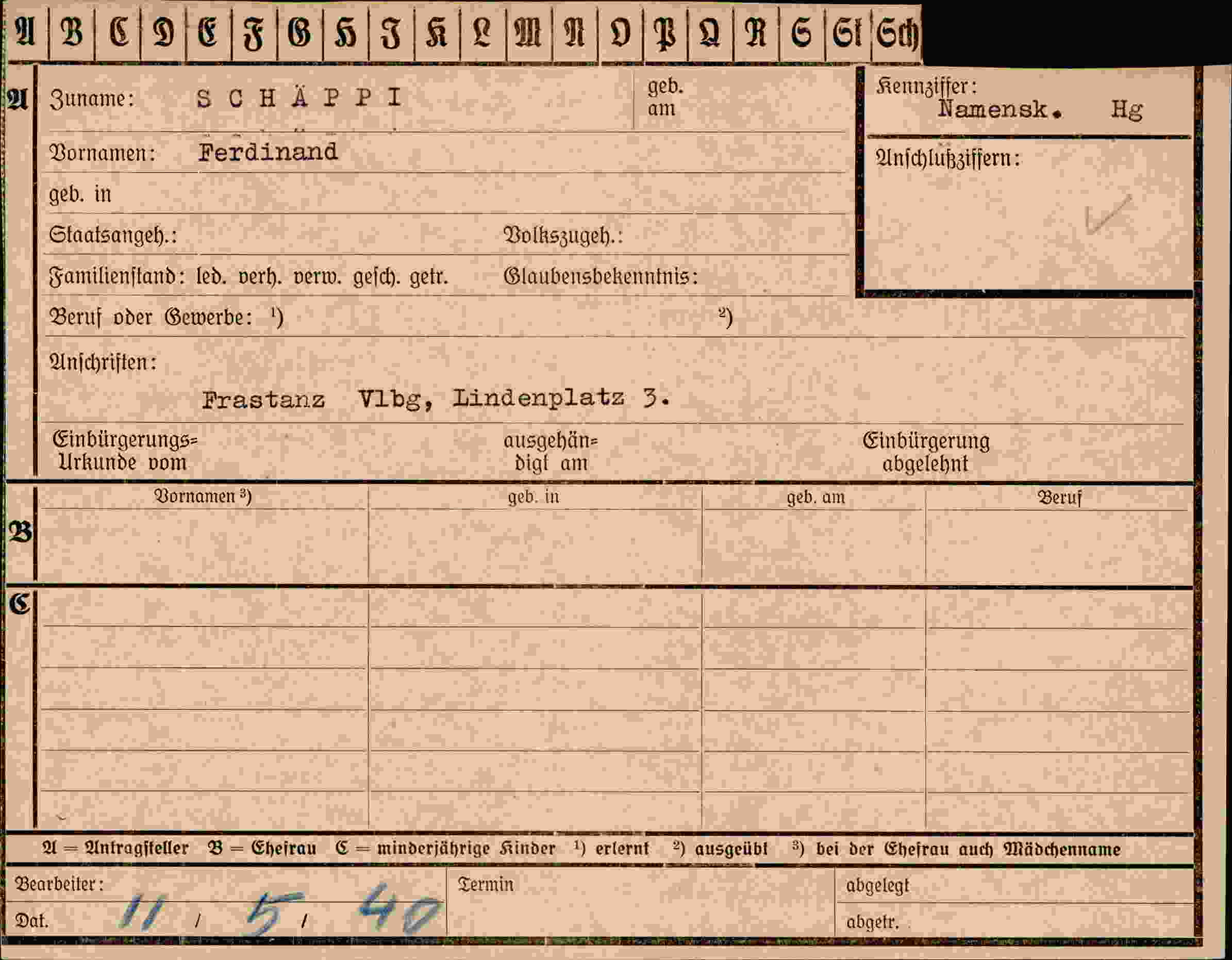 Dokument für Ferdinand Schäppi