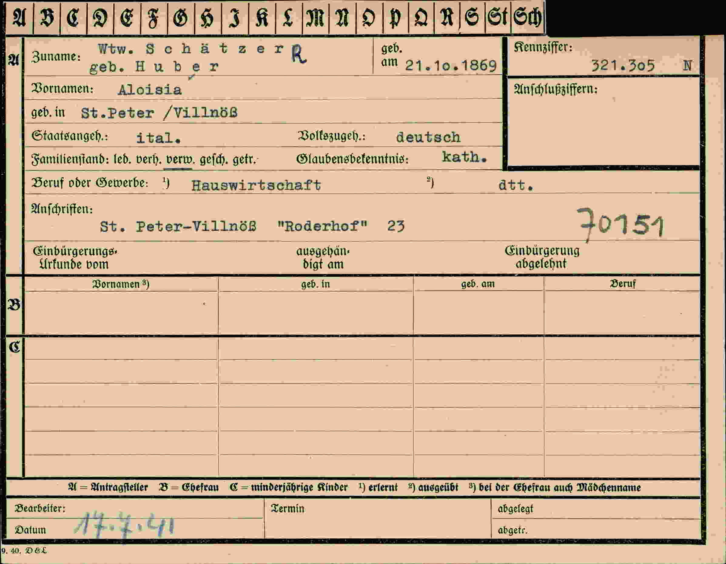 Dokument für Aloisia Huber