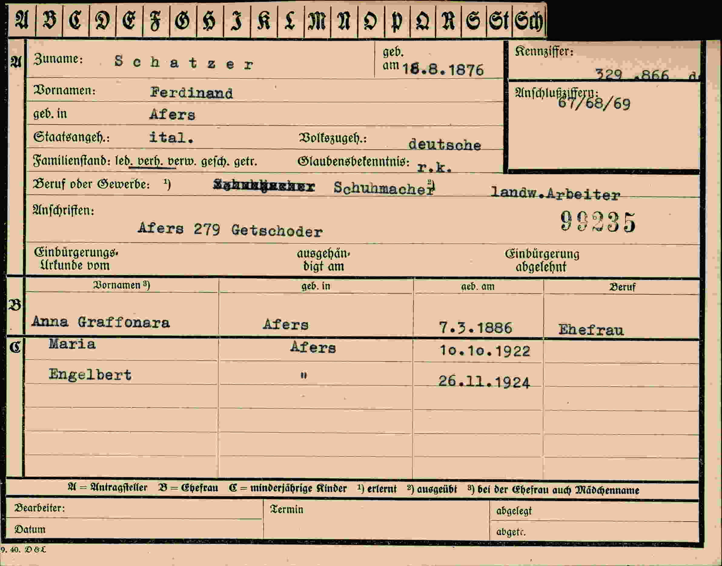 Dokument für Ferdinand Schatzer
