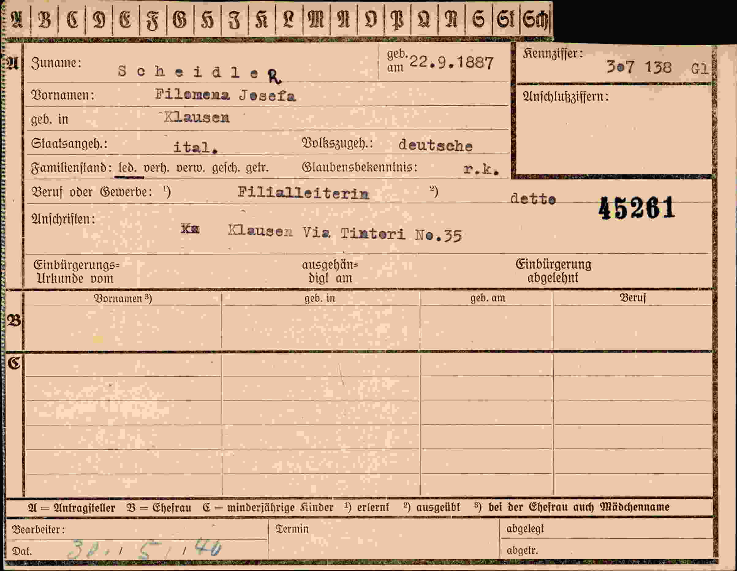 Dokument für Filomena Josefa Scheidle