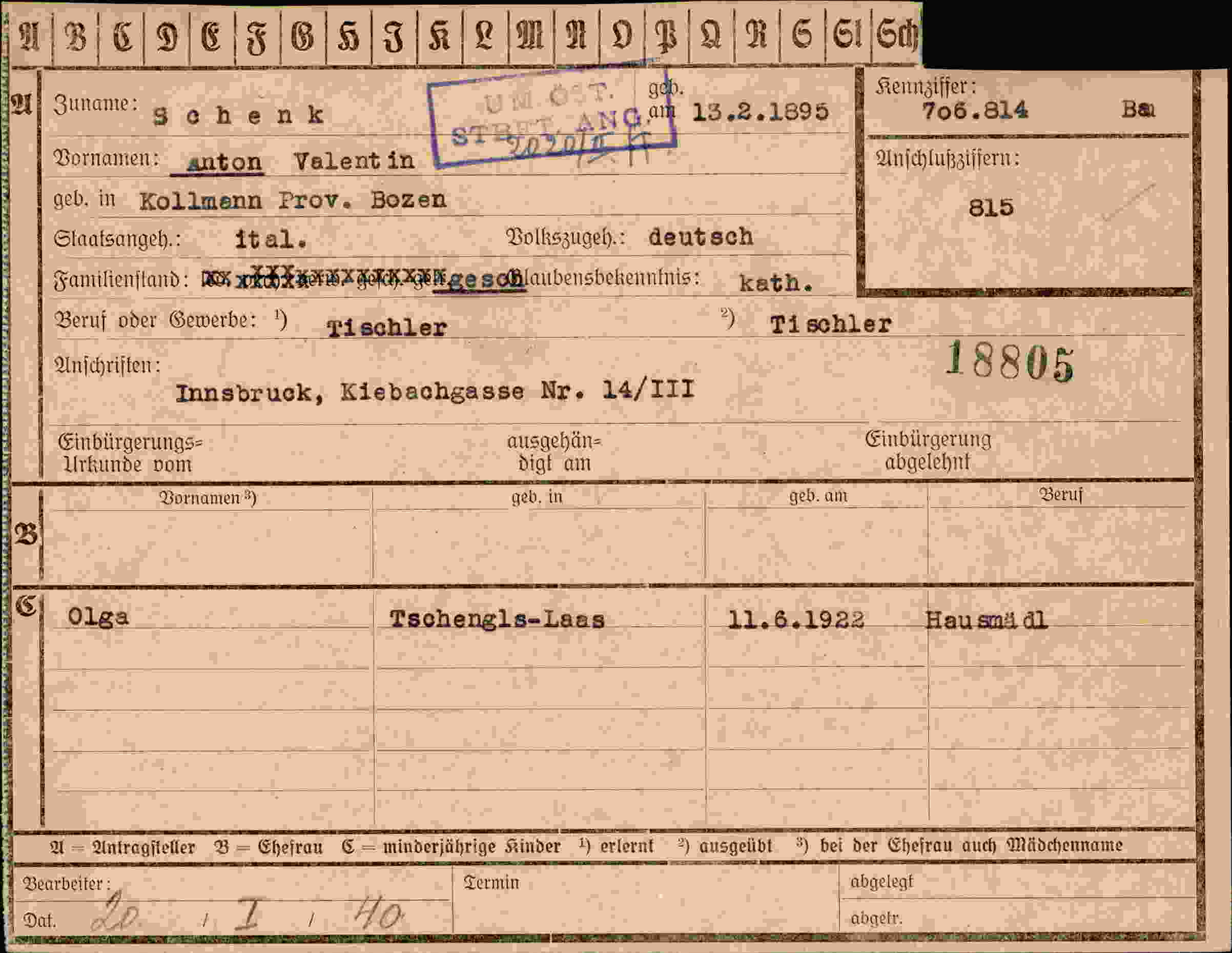 Dokument für Anton Valentin Schenk