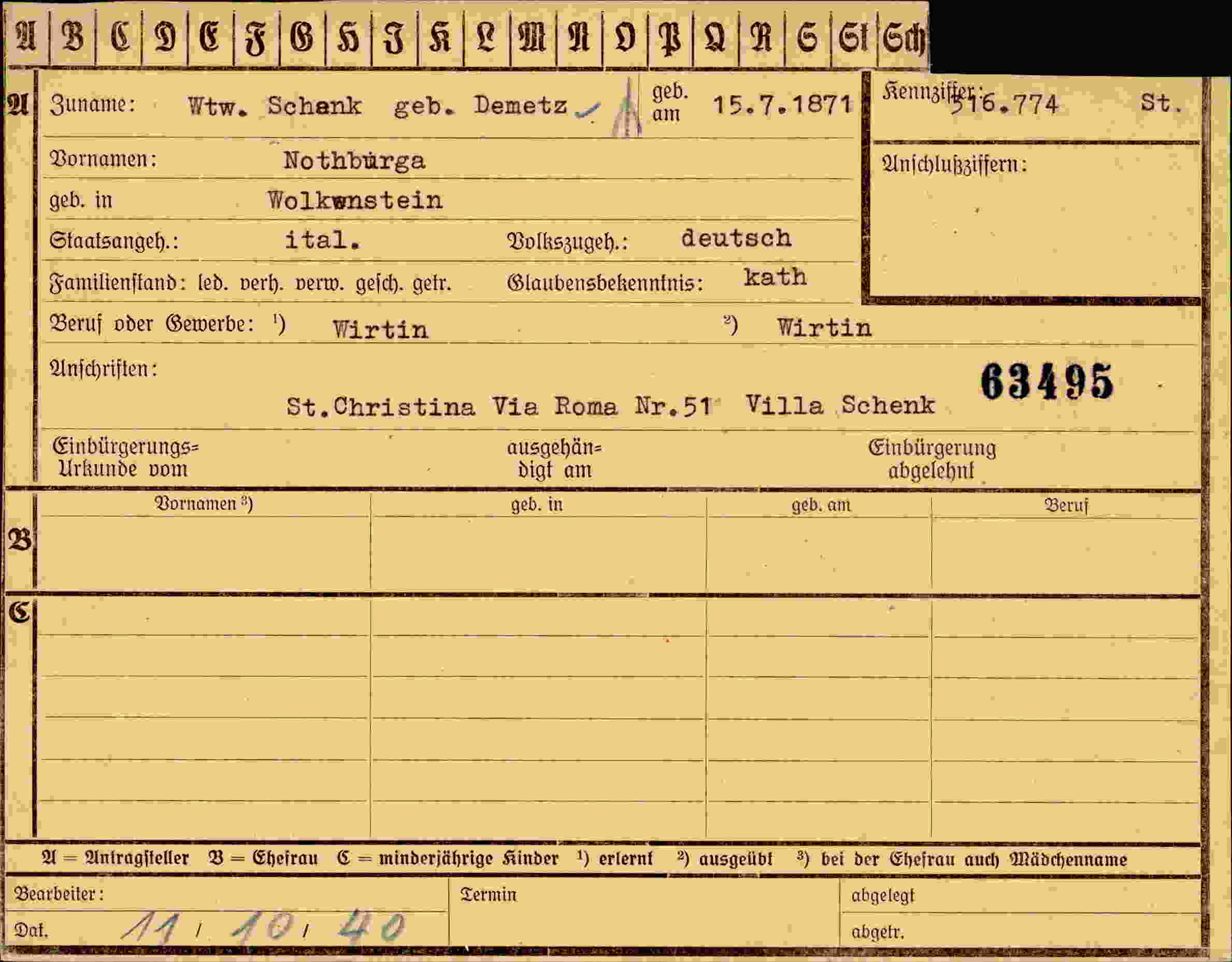 Dokument für Nothbürga Demetz
