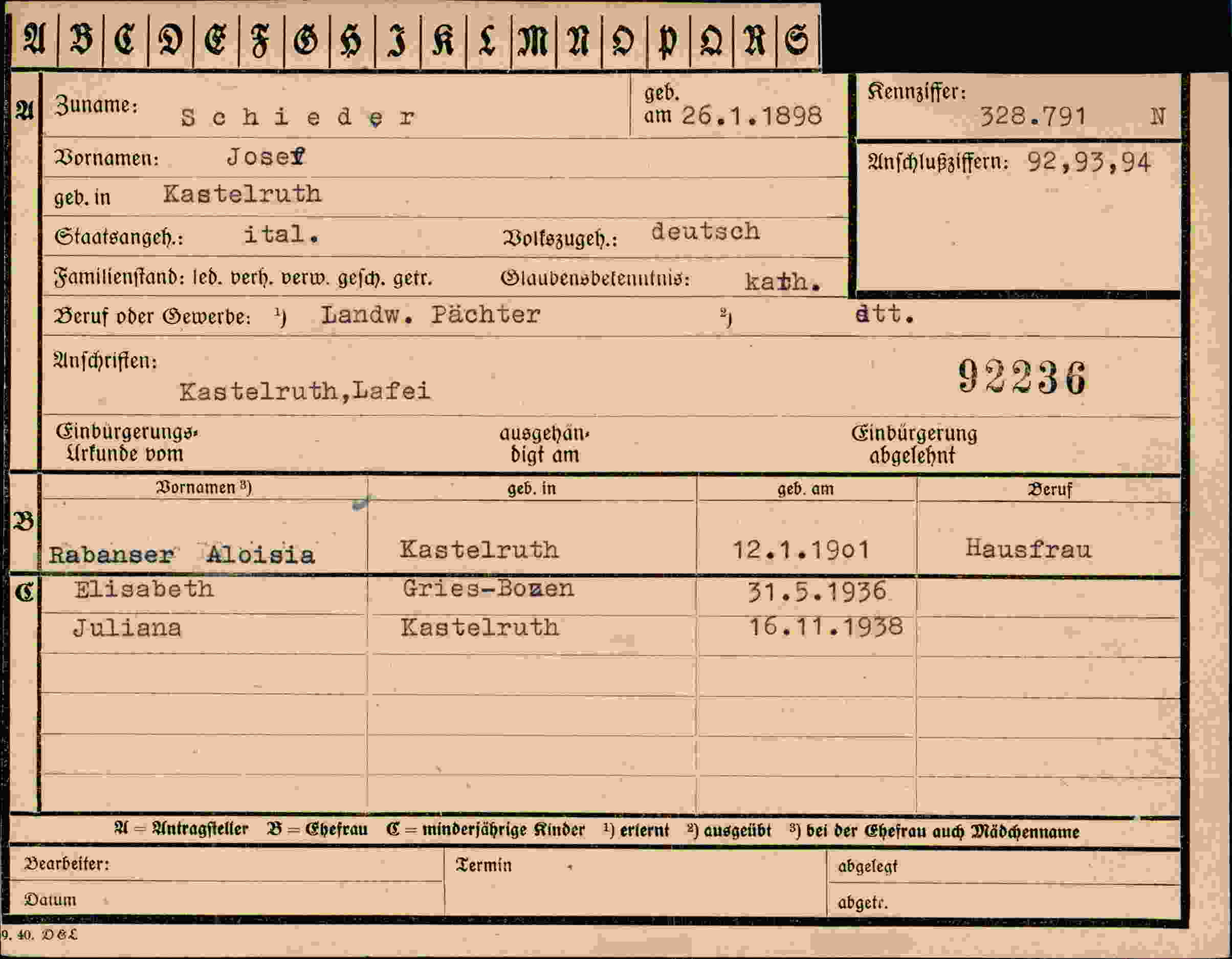 Dokument für Josef Schieder