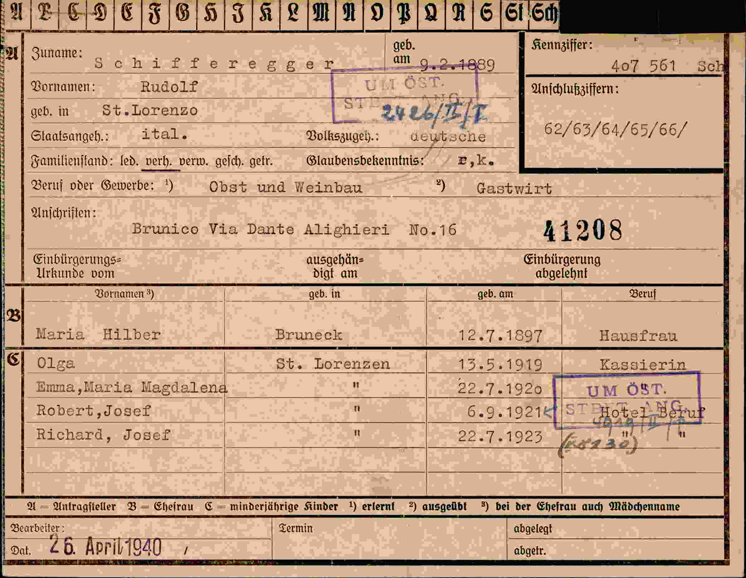 Dokument für Rudolf Schifferegger