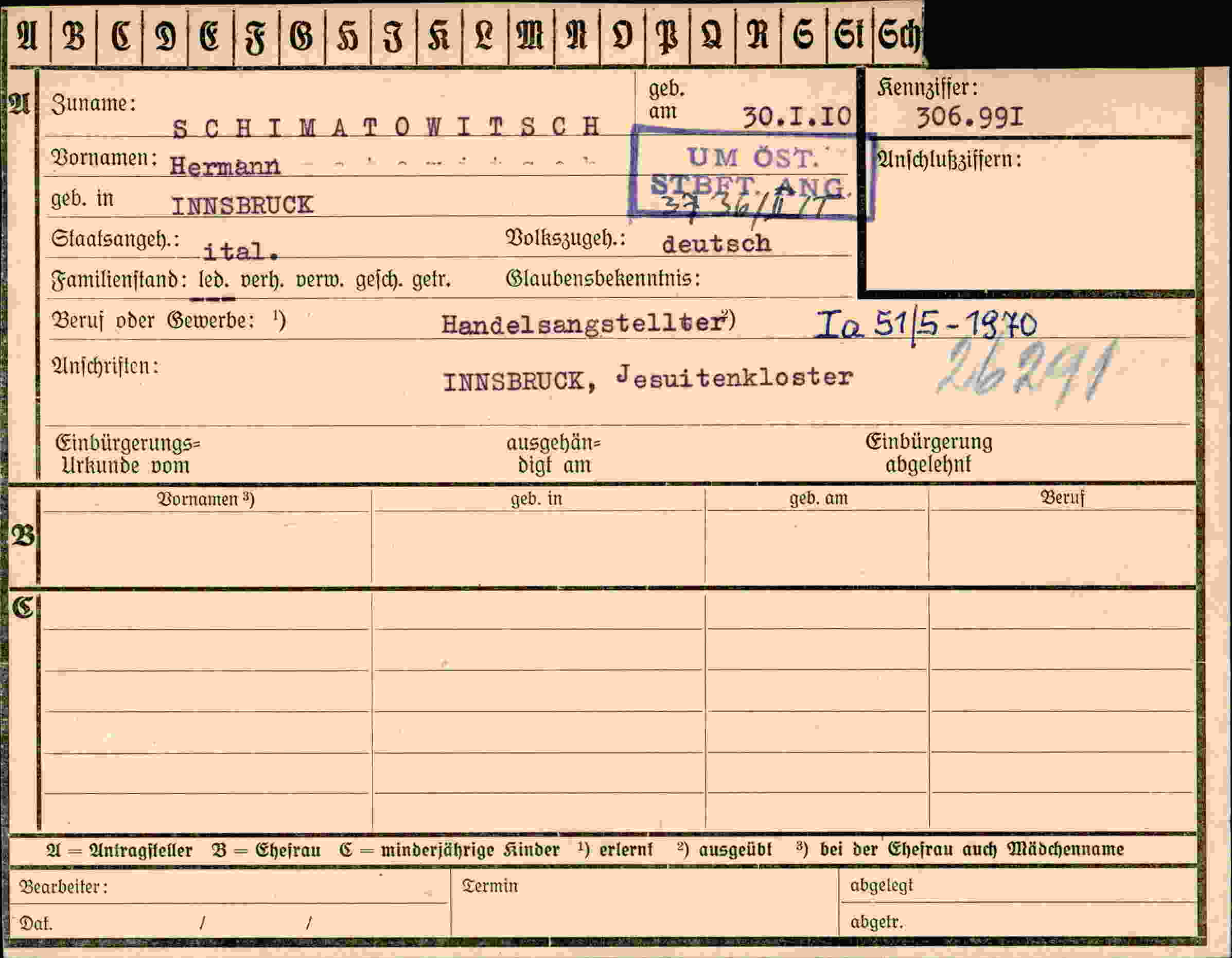 Dokument für Hermann Schimatowitsch