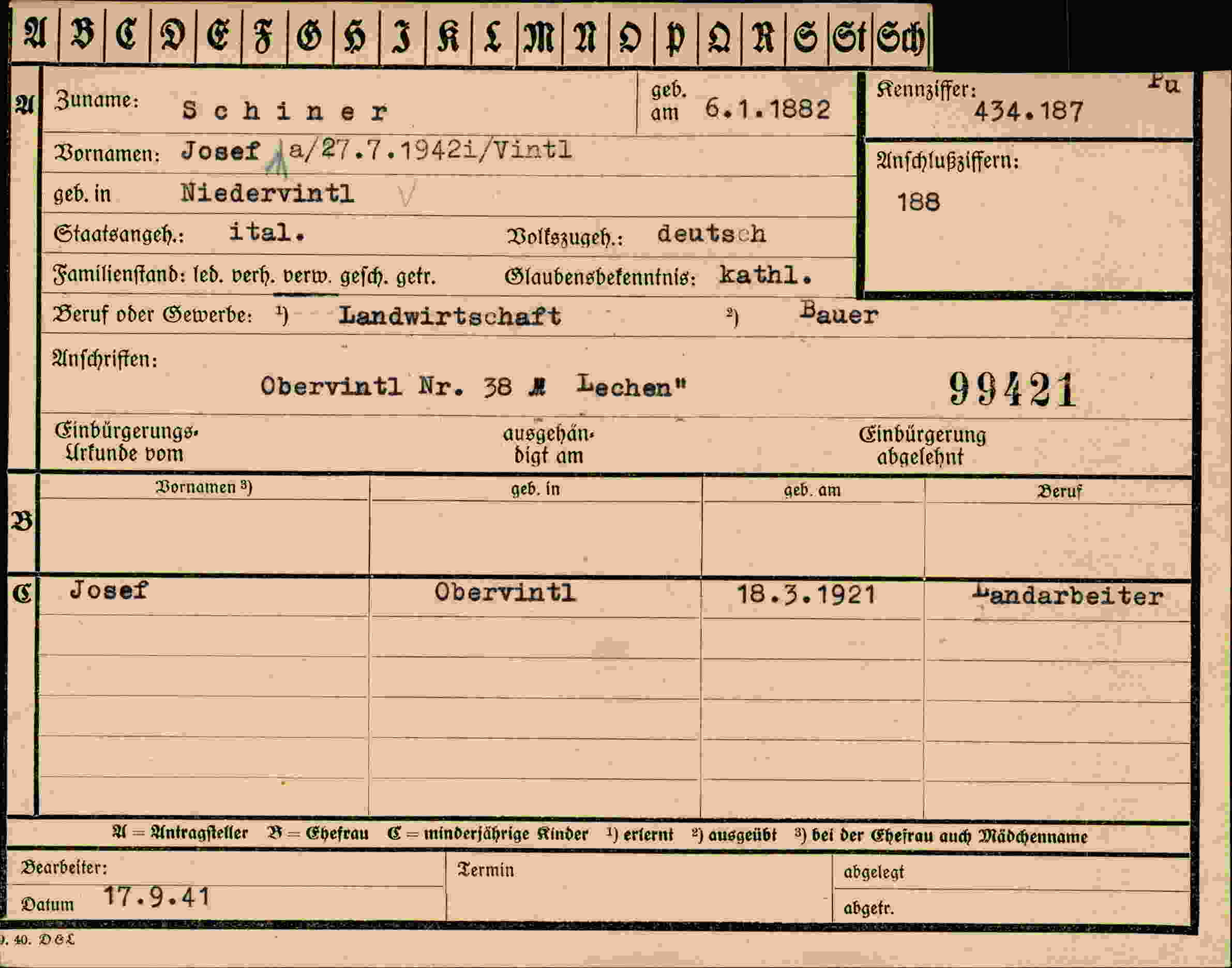 Dokument für Josef Schiner