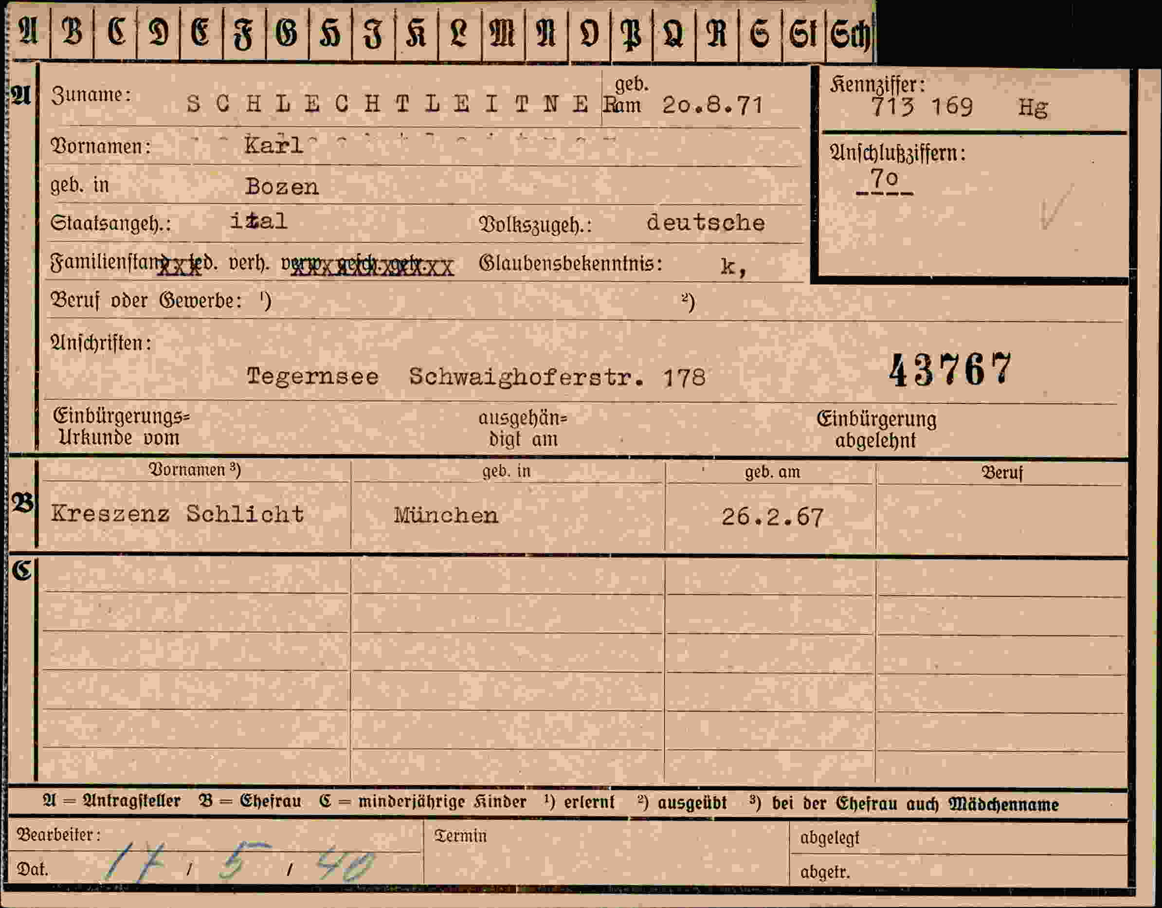 Dokument für Karl Schlechteitne Rom