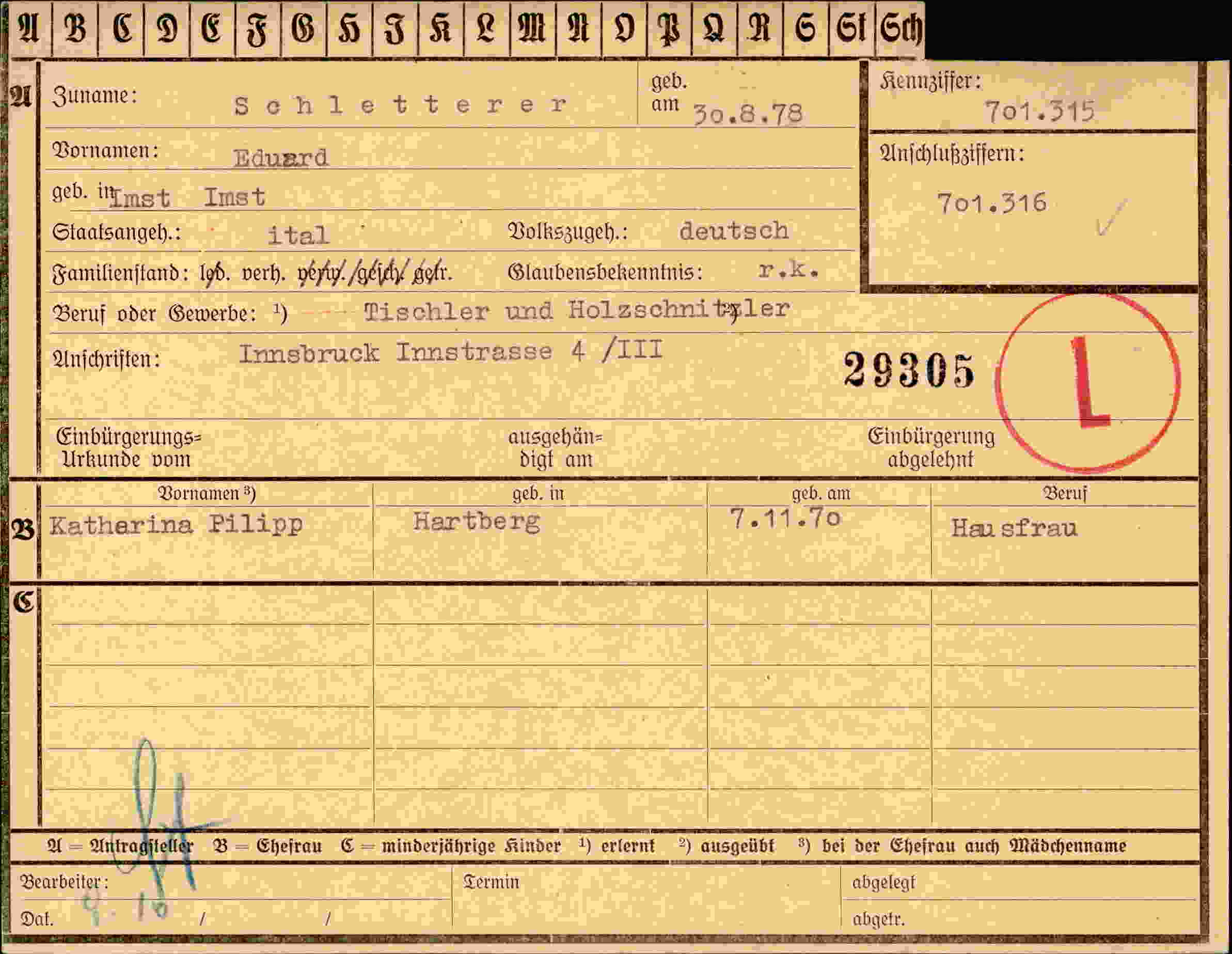 Dokument für Eduard Schletterer