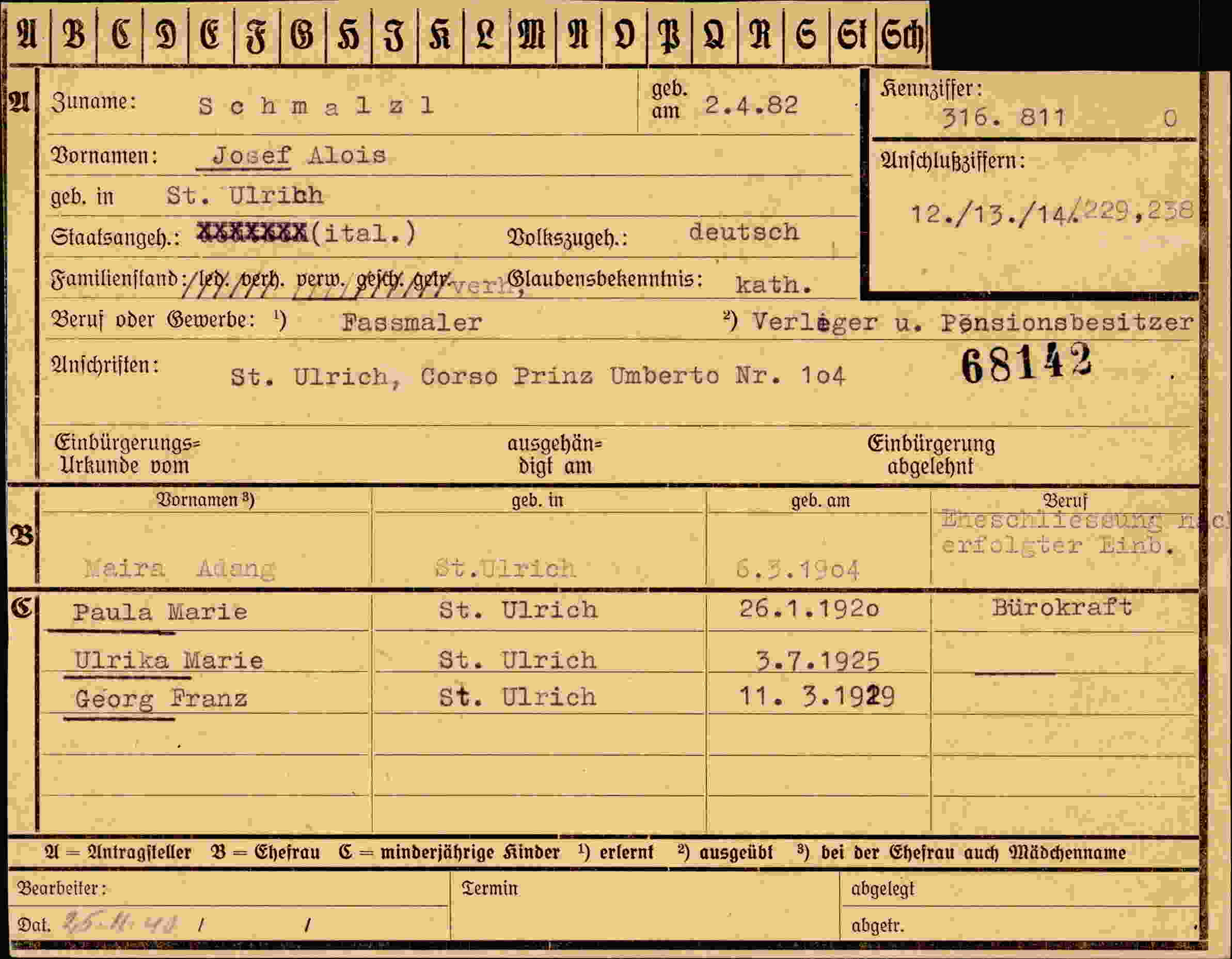 Dokument für Josef Alois Schmalzl