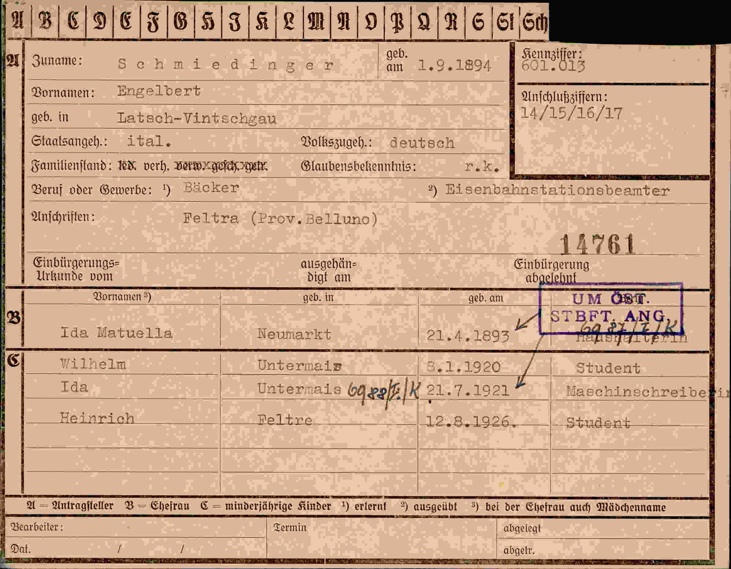 Dokument für Engelbert Schmiedinger