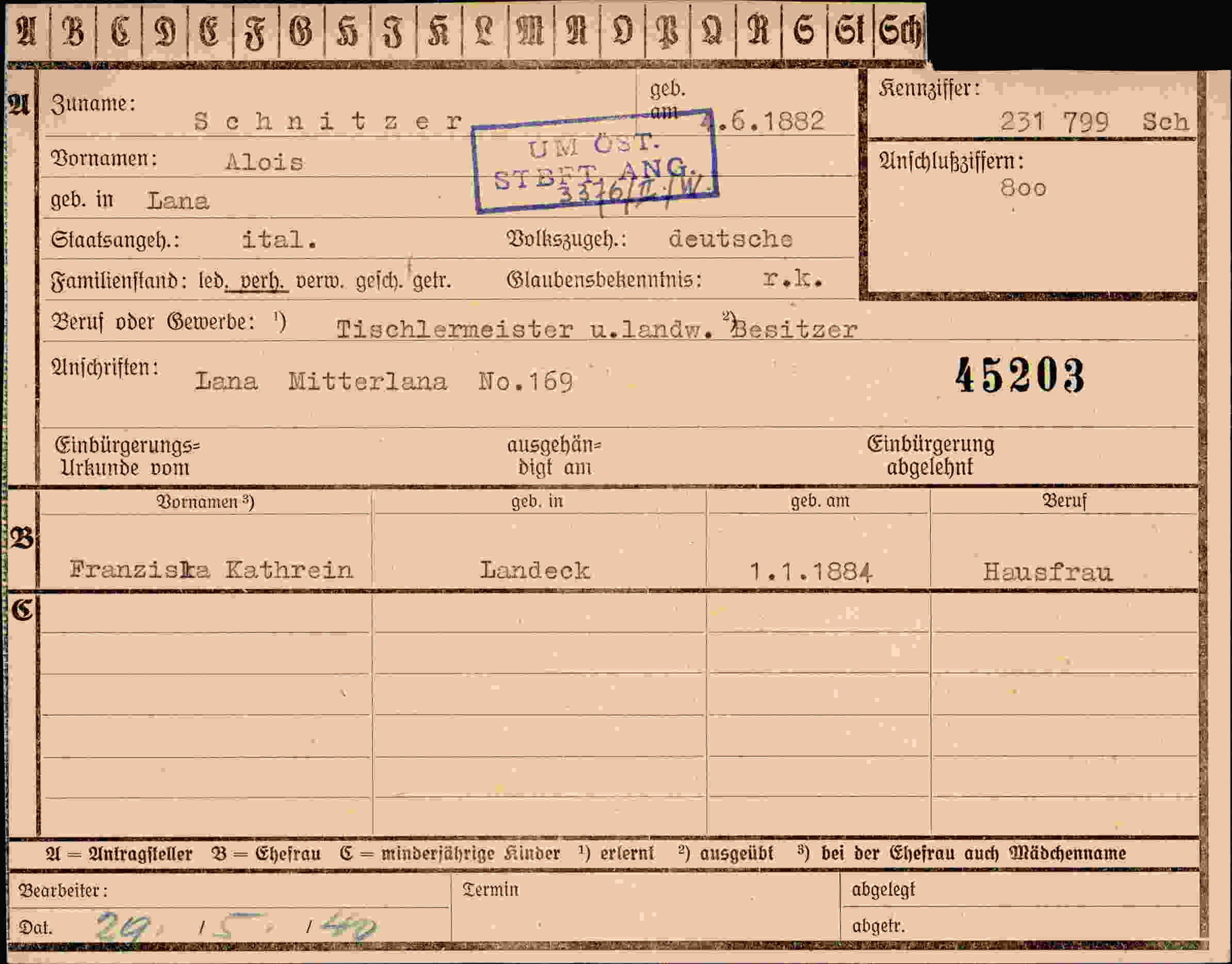 Dokument für Alois Schnitzer