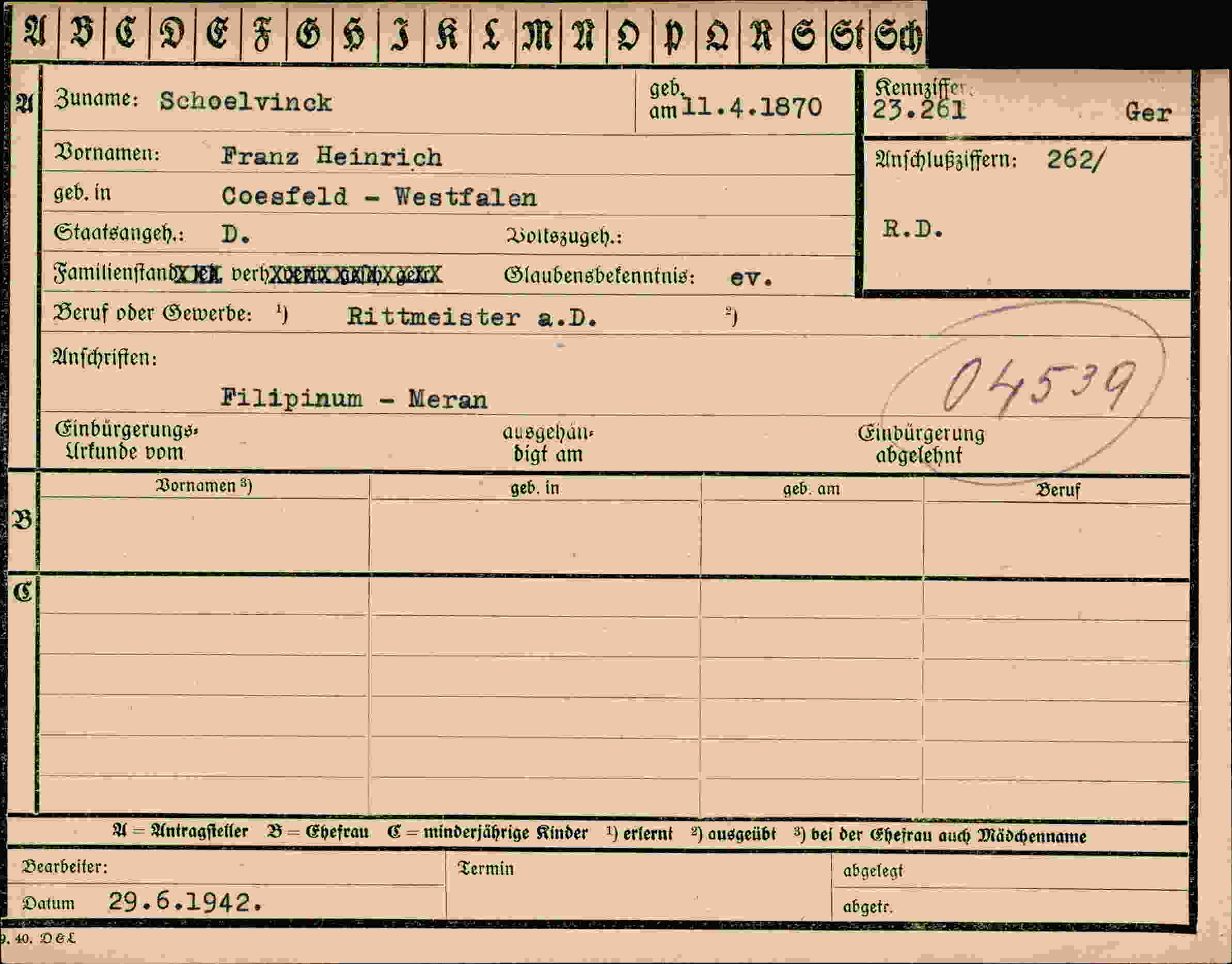 Dokument für Franz Heinrich Schoelvinck