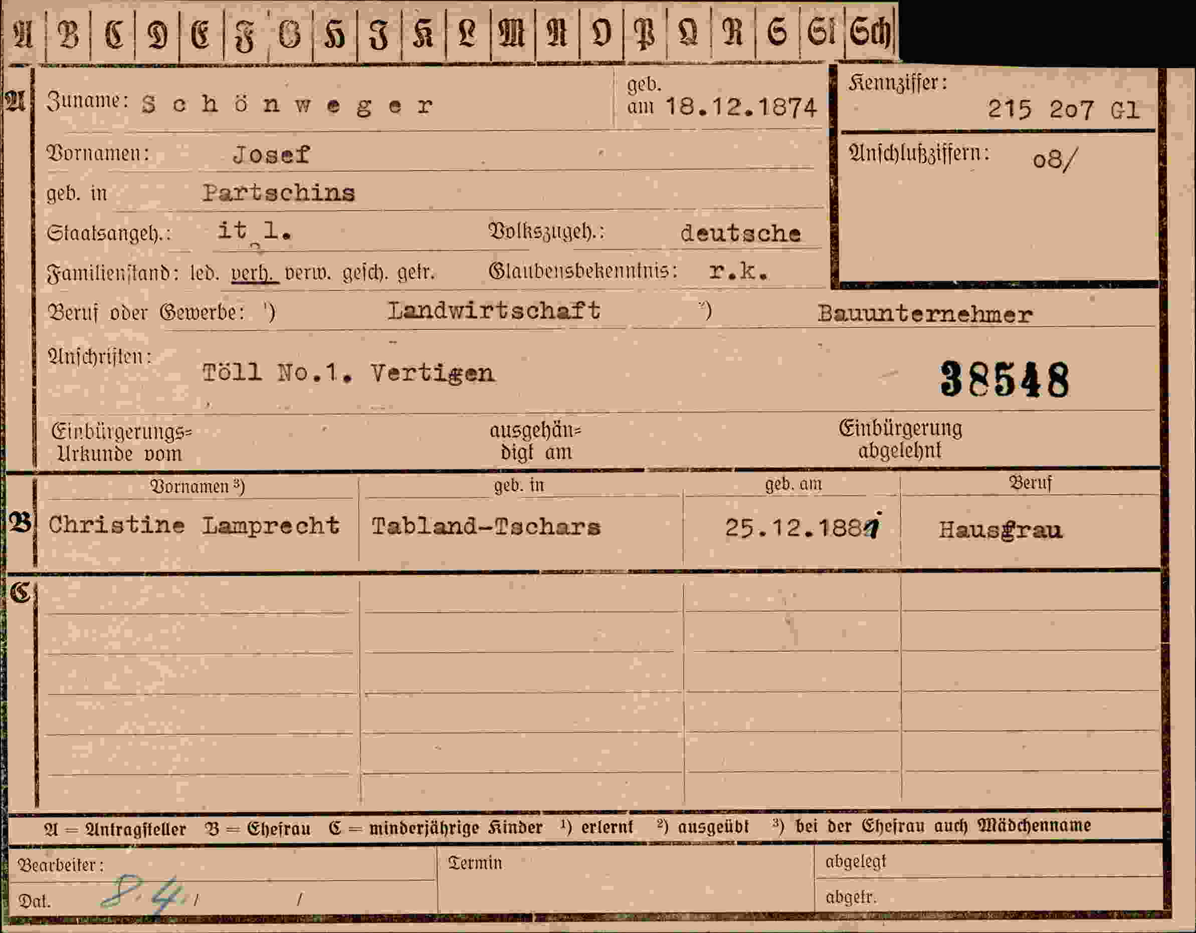 Dokument für Josef Schönweger
