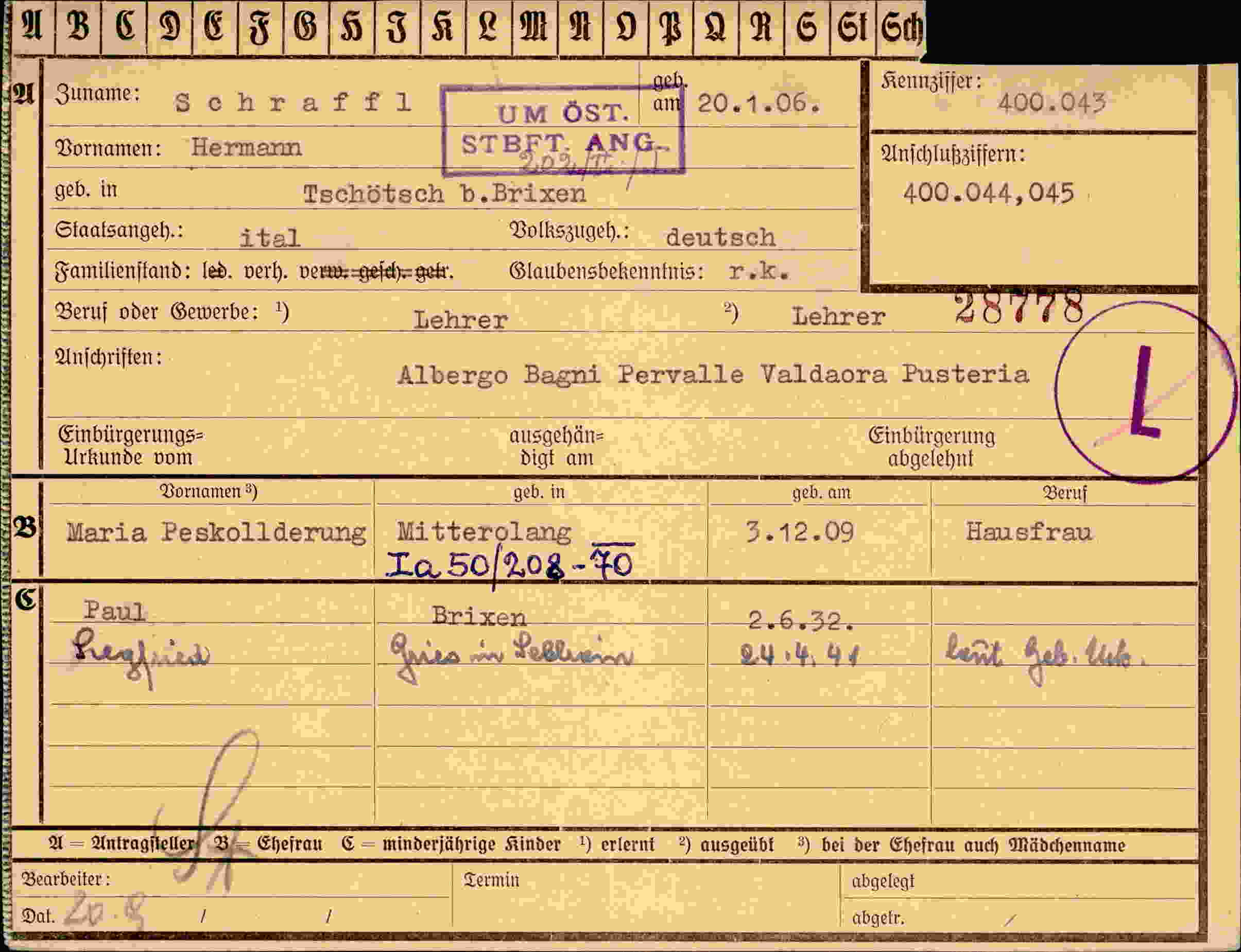 Dokument für Hermann Schraffl