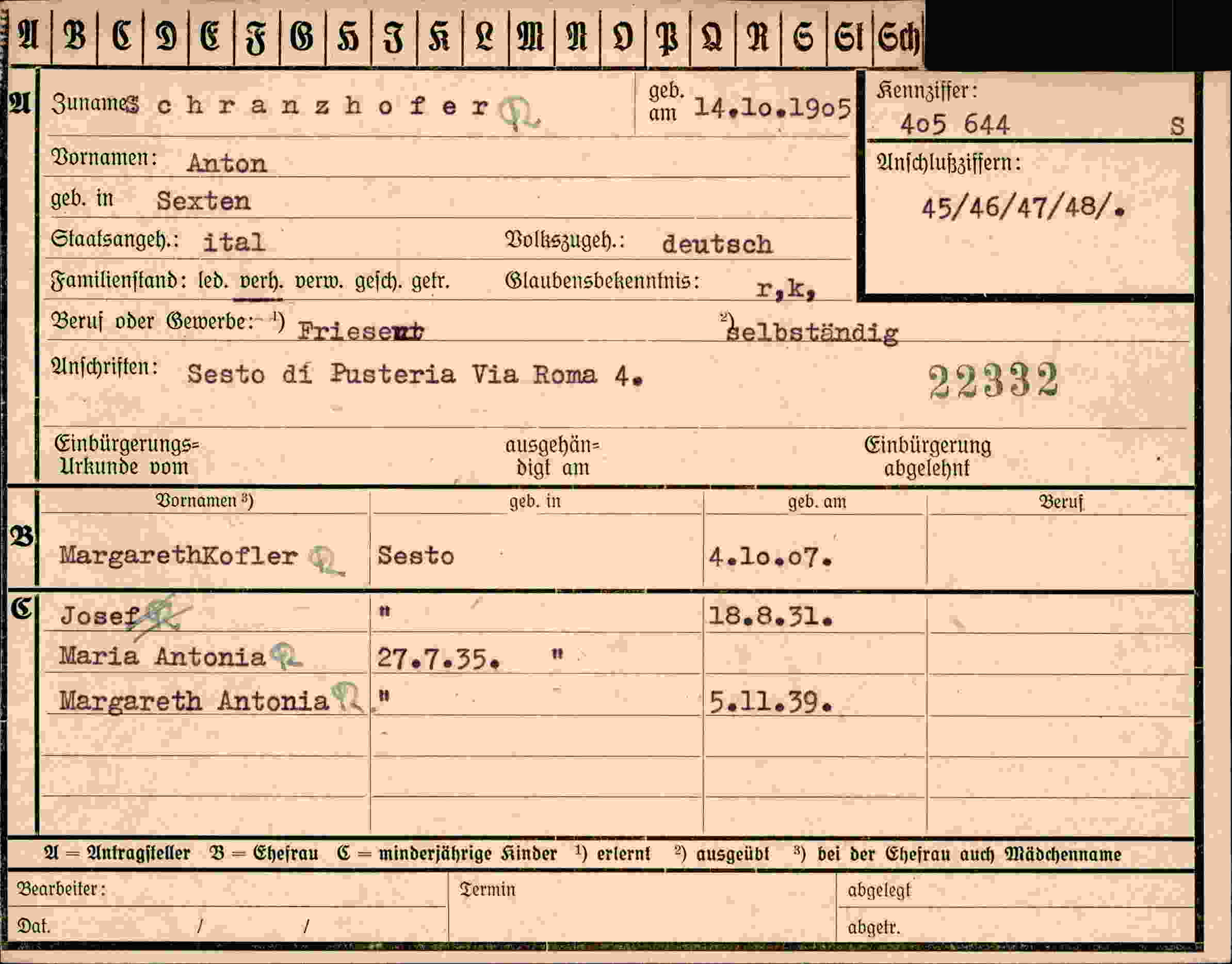 Dokument für Anton Schranzhofer
