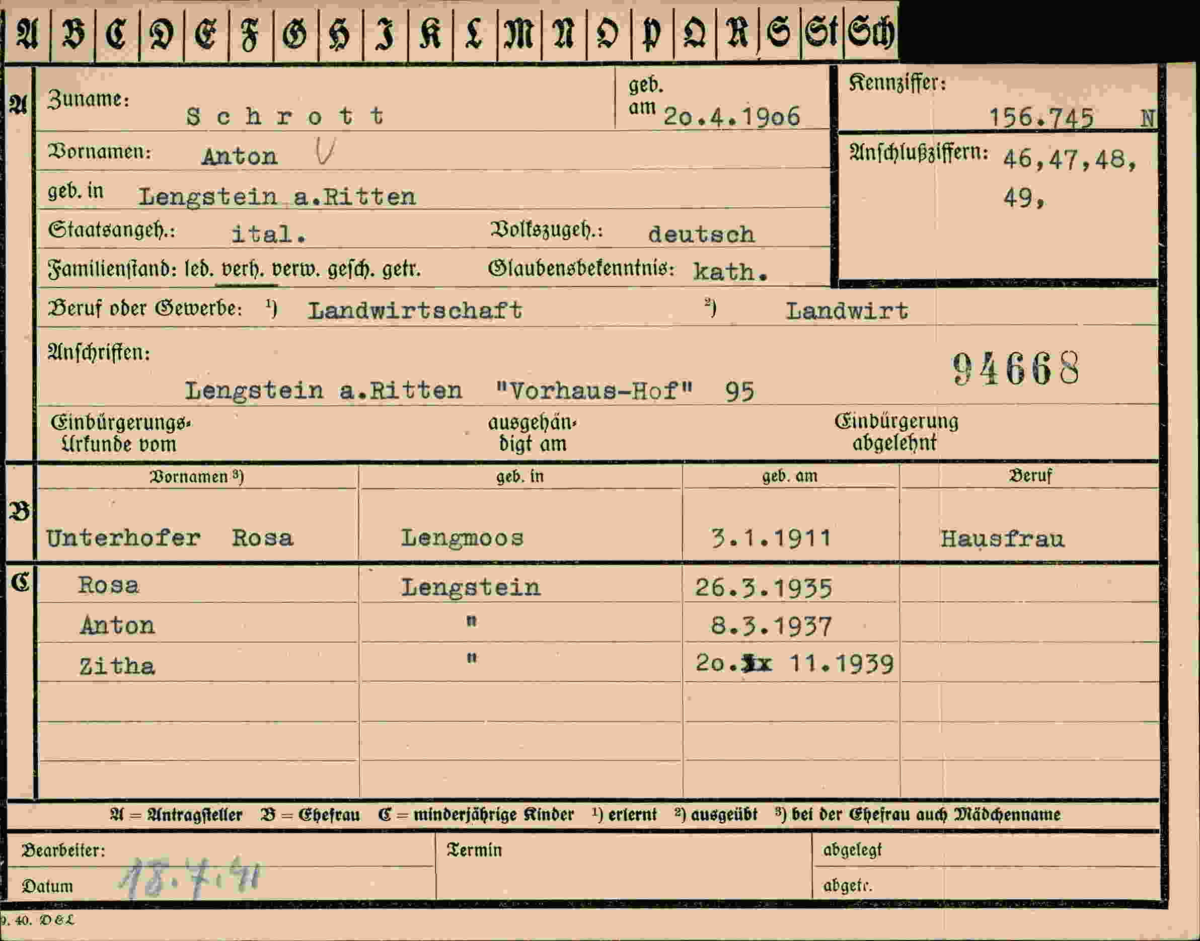 Dokument für Anton Schrott