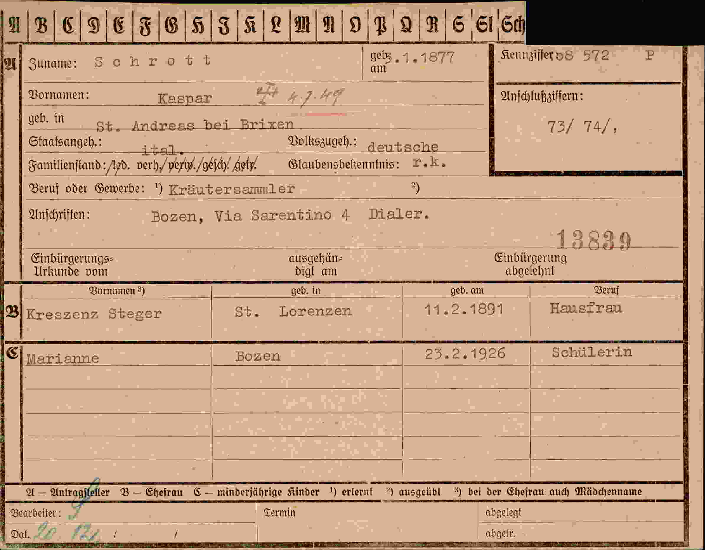 Dokument für Kaspar Schrött