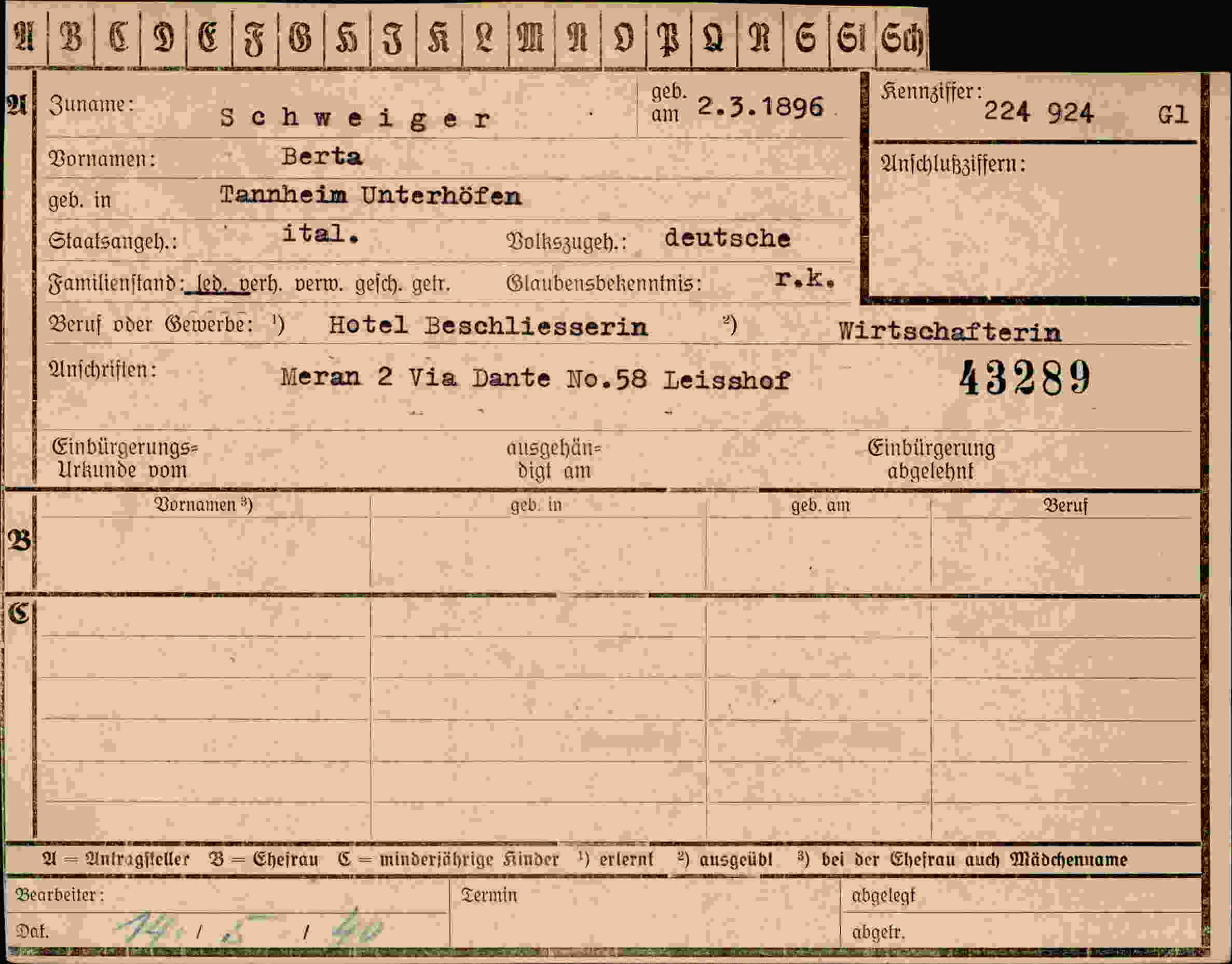 Dokument für Berta Schweiger