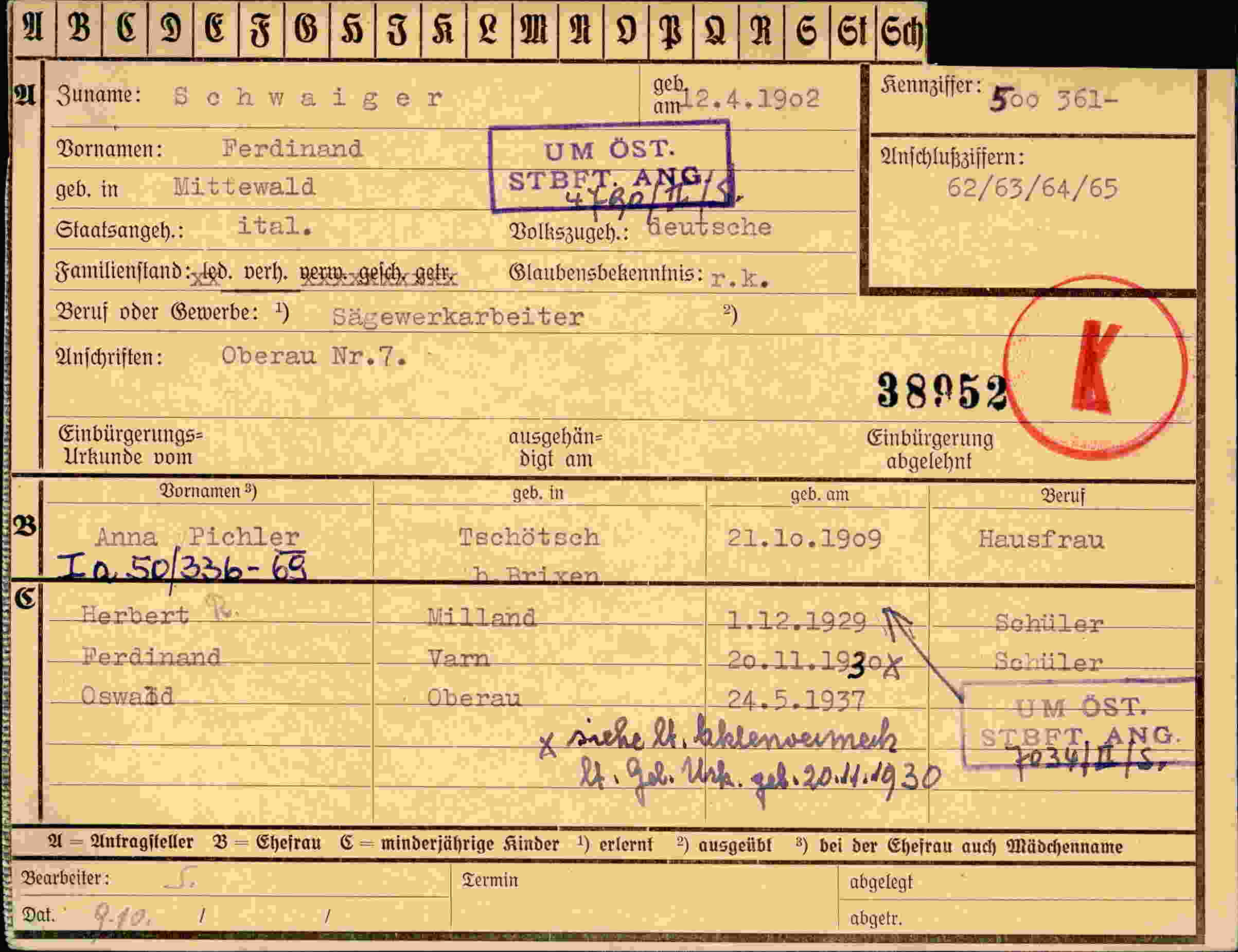 Dokument für Ferdinand Schwaiger