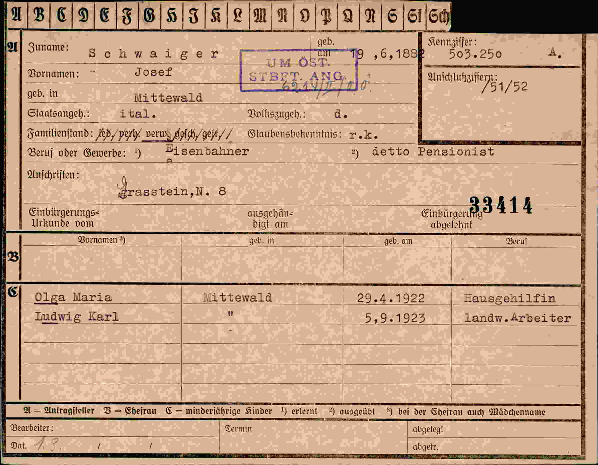 Dokument für Josef Schwaiger