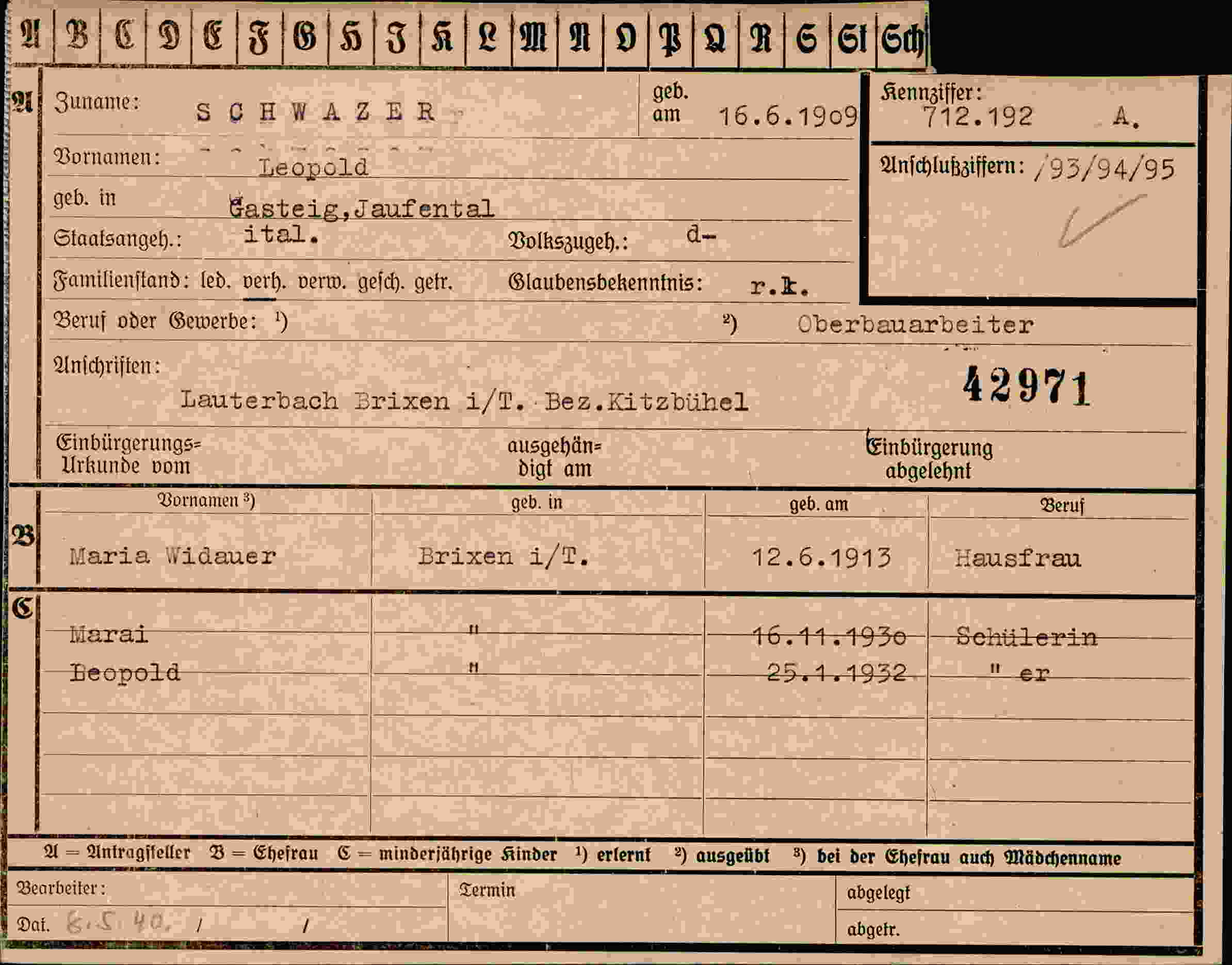Dokument für Leopold Schwazer