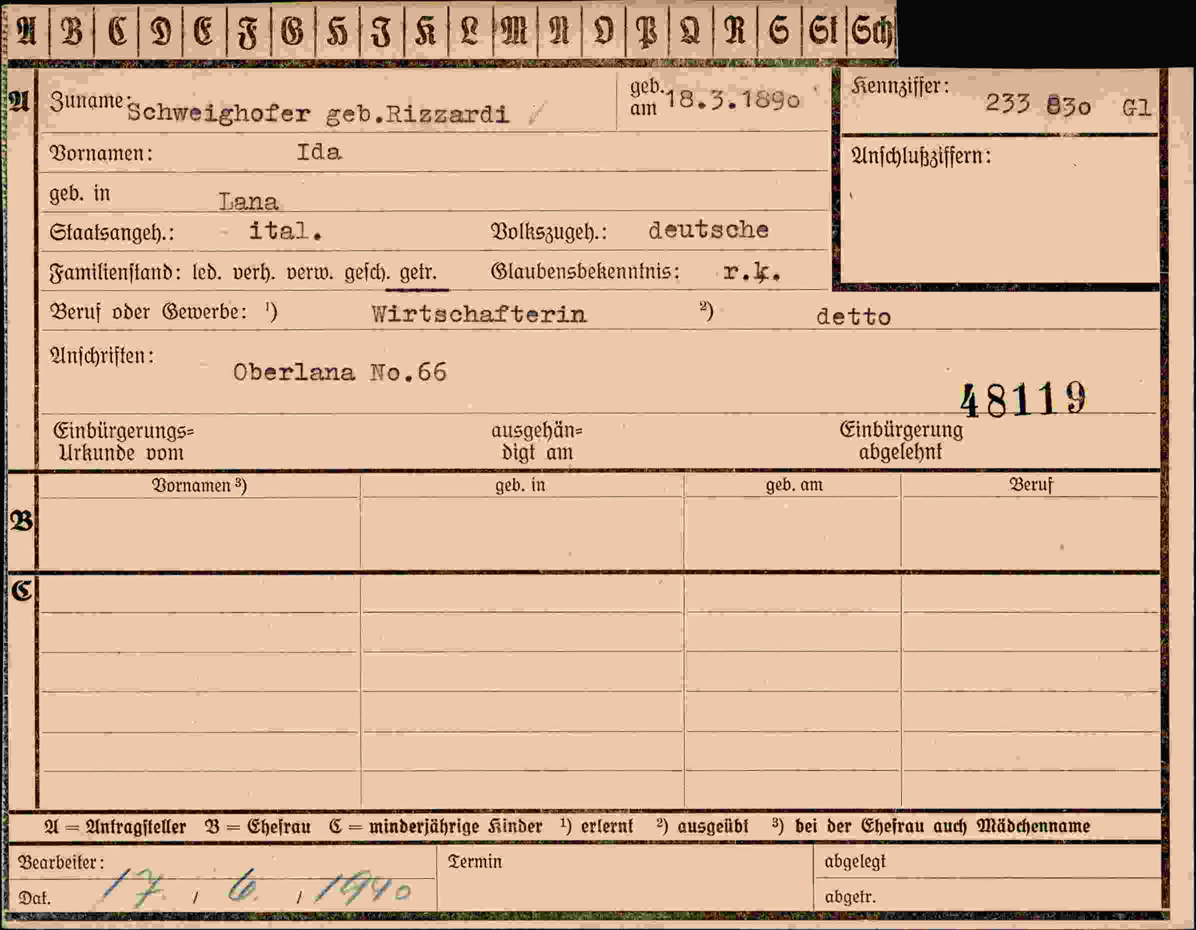 Dokument für Ida Schweighofer