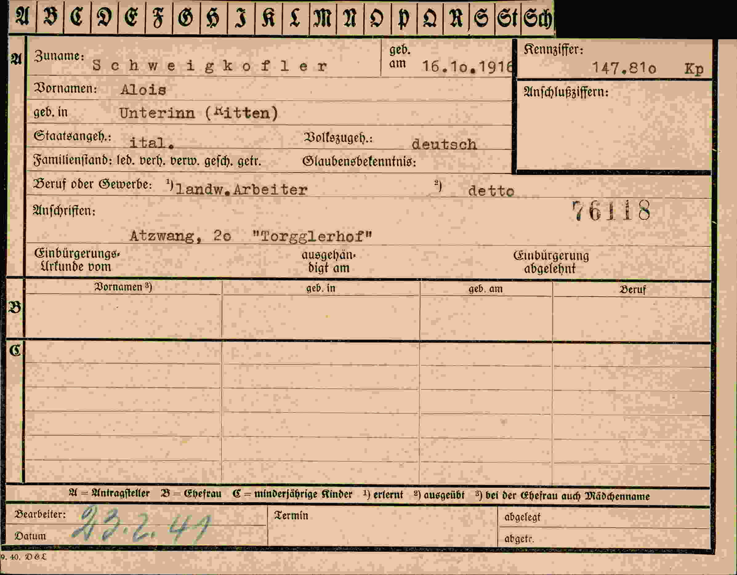 Dokument für Alois Schweigkofler