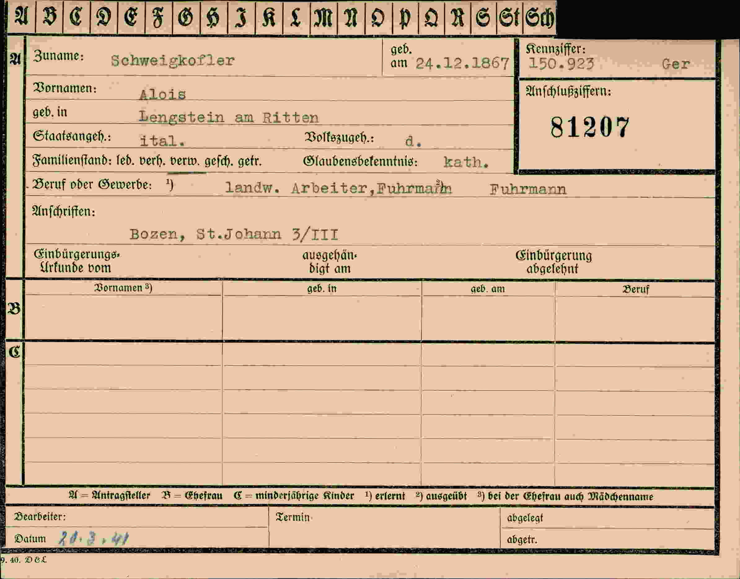 Dokument für Alois Schweigkofler