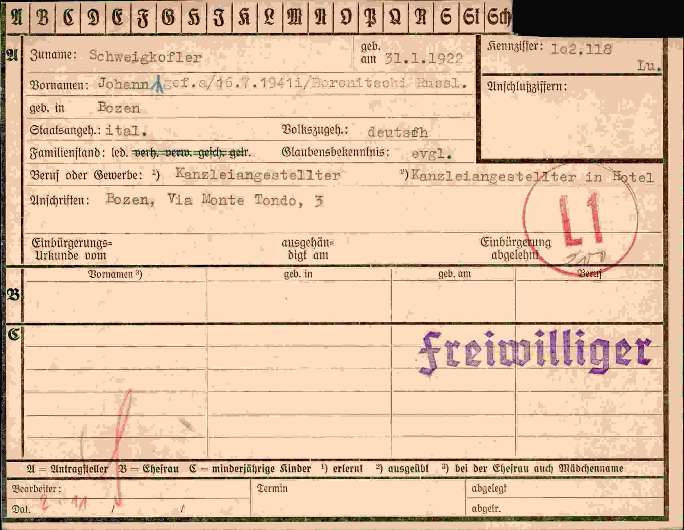 Dokument für Johann Schweigkofler