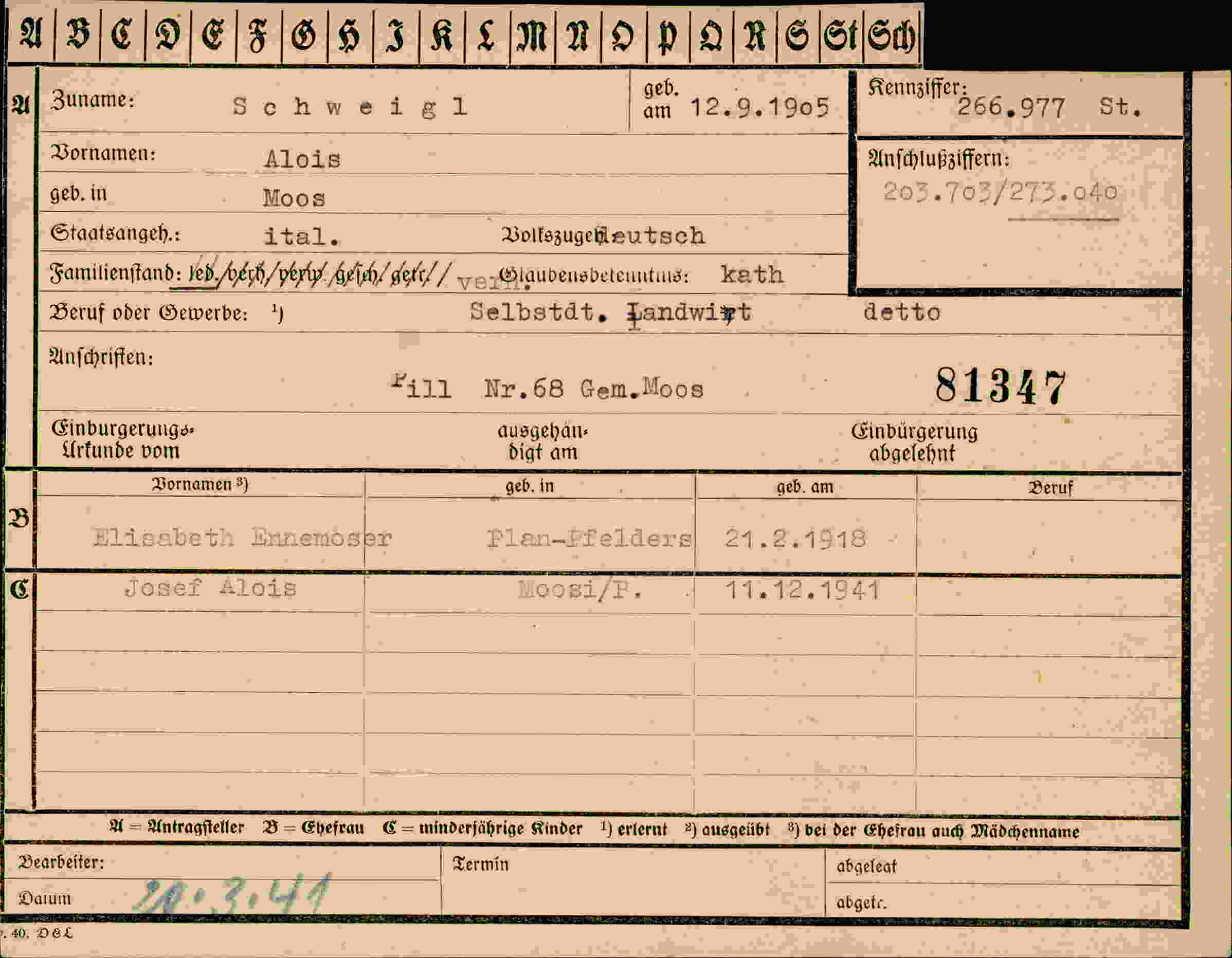 Dokument für Alois Schweigl