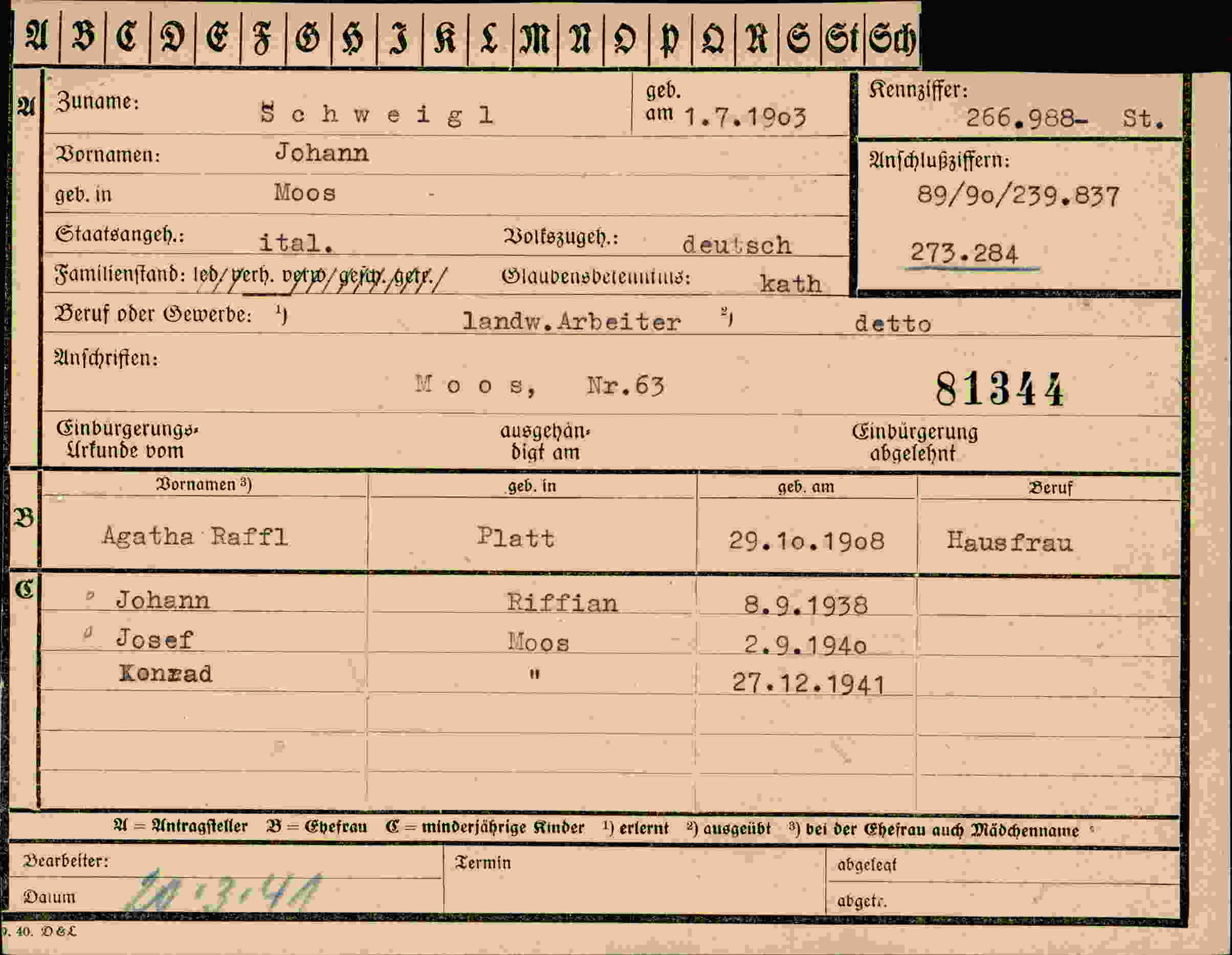 Dokument für Johann Schweigl