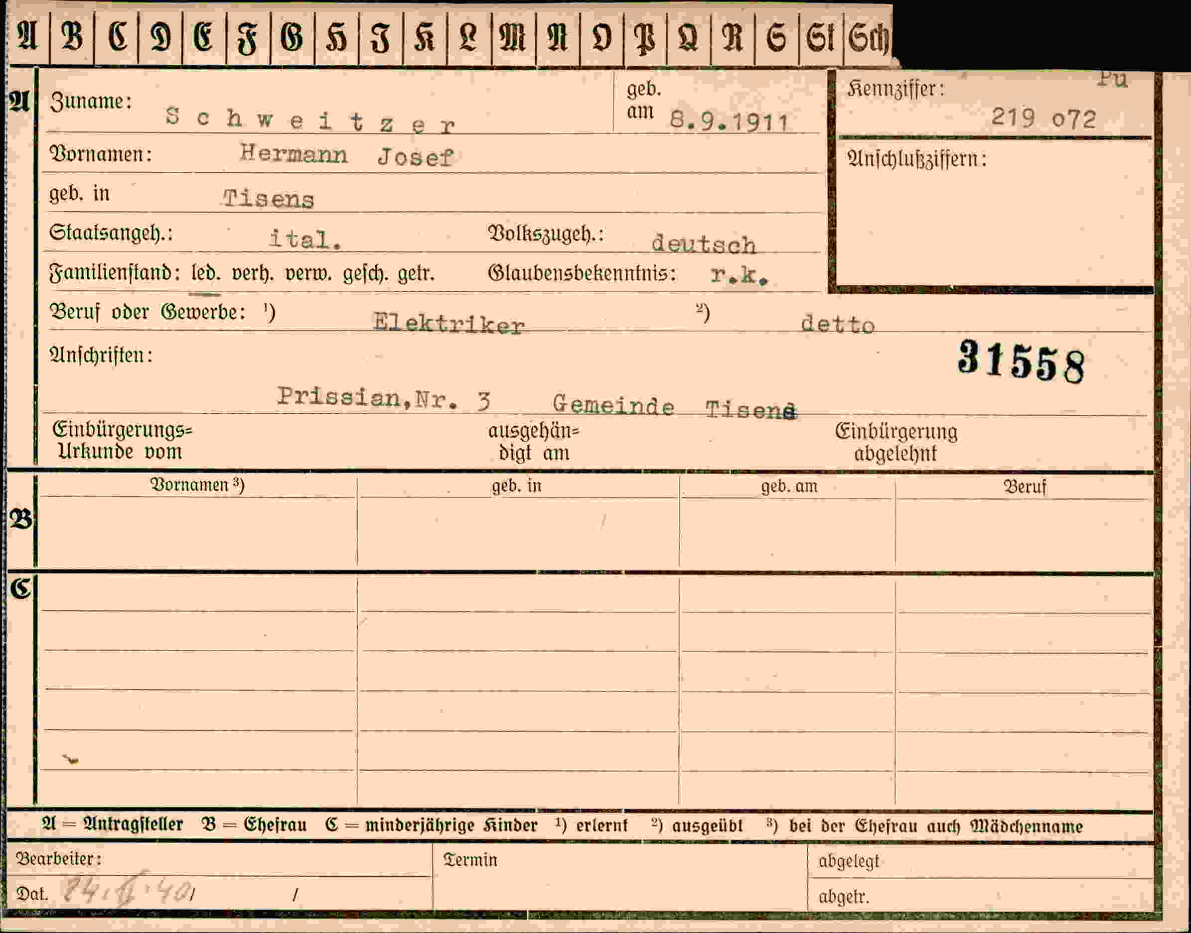 Dokument für Hermann Josef Schweitz